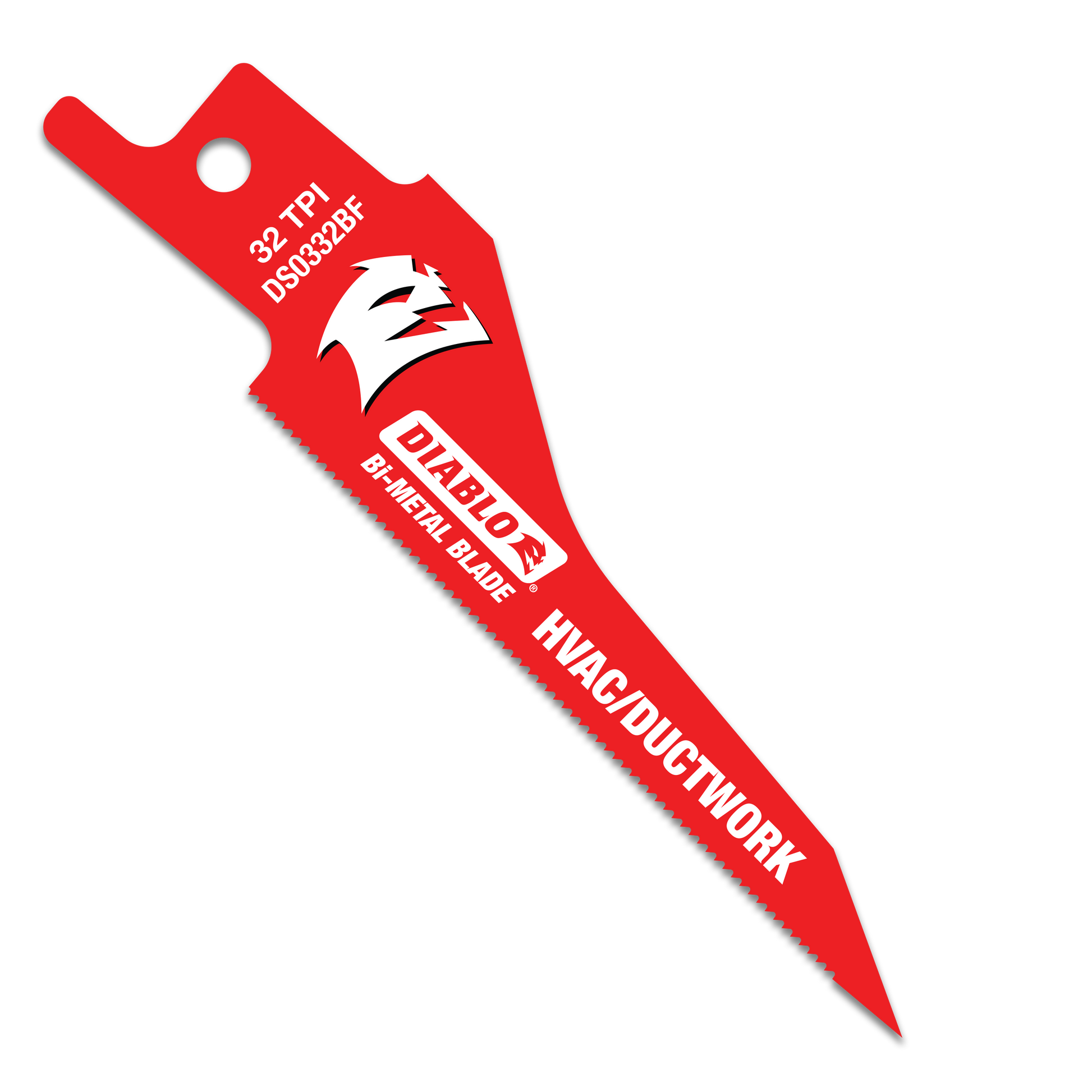 Red Diablo bi-metal reciprocating saw blade with mounting hole and text labeling for HVAC/ductwork use.