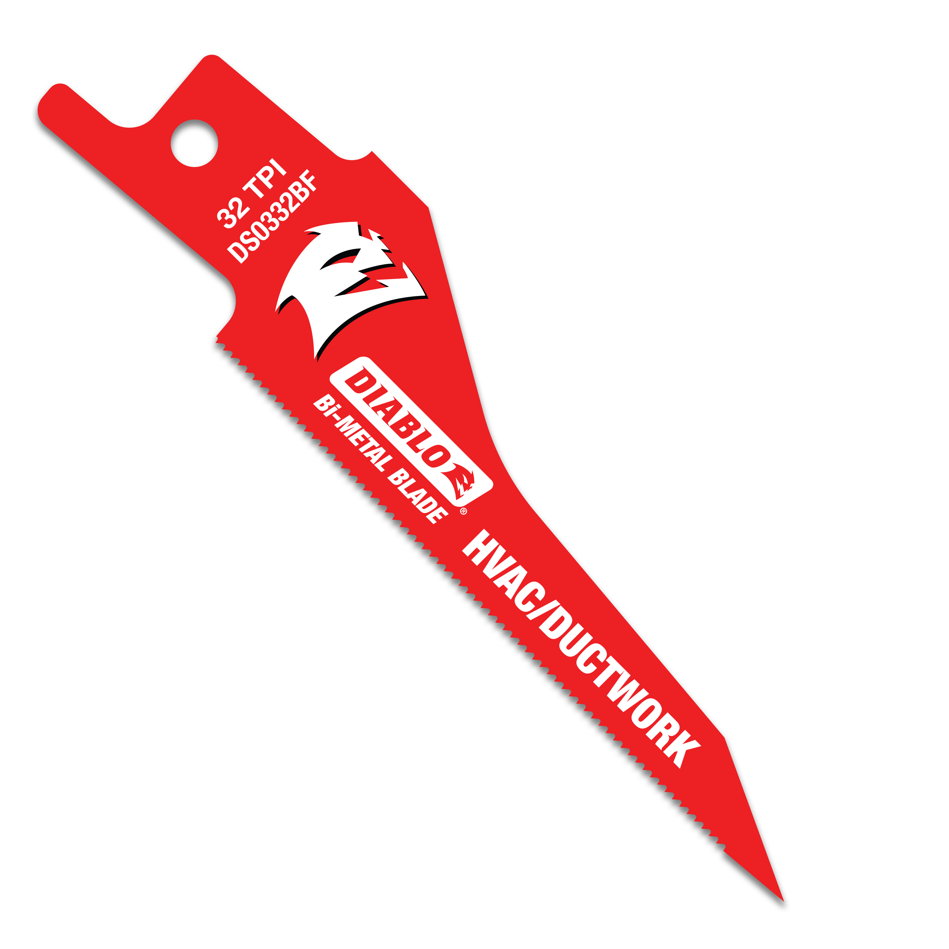 Red Diablo bi-metal reciprocating saw blade with mounting hole and text labeling for HVAC/ductwork use.