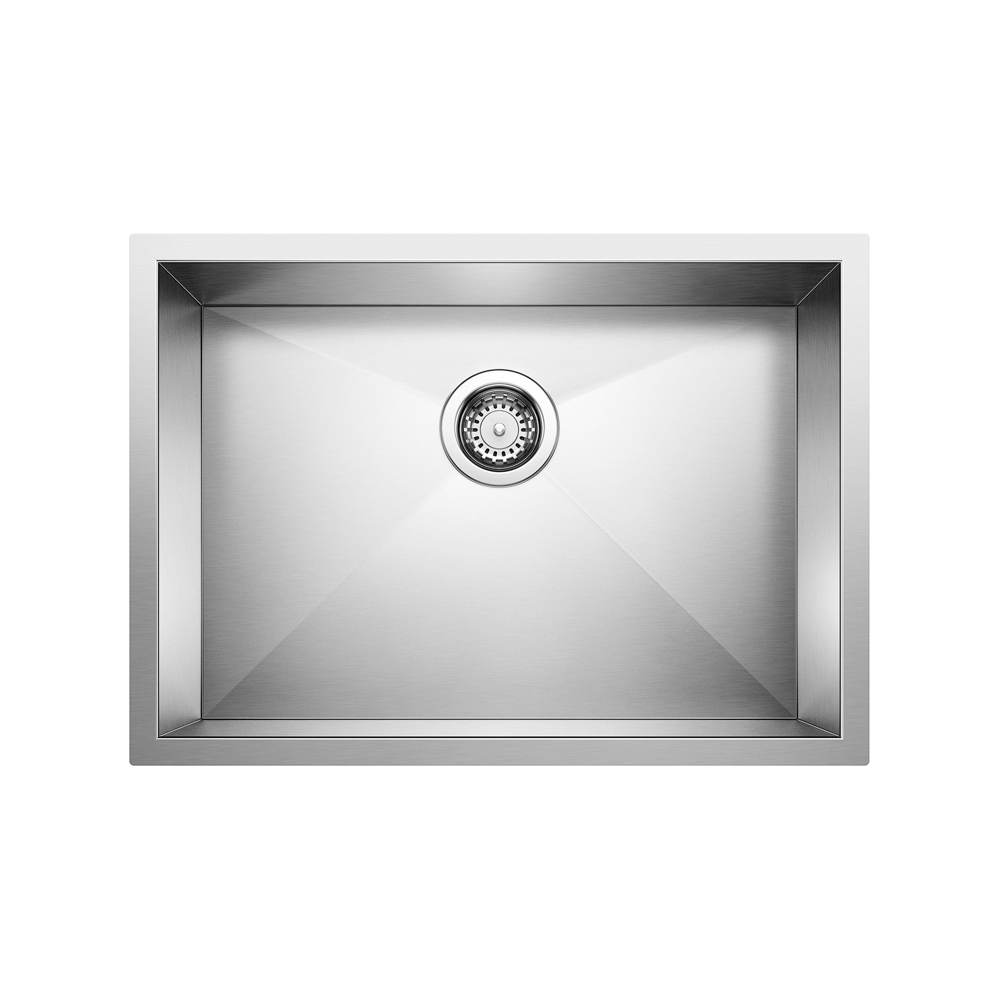 Stainless steel undermount kitchen sink bowl with single drain and strainer basket.