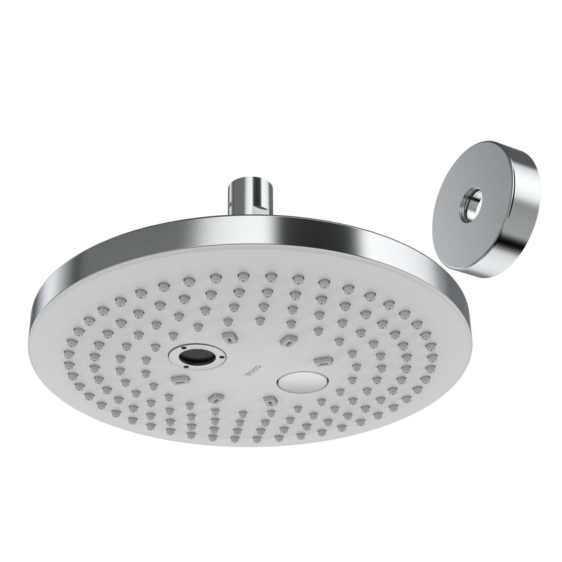 Polished chrome round shower head with multiple spray holes and selector button, mounted with connector arm.