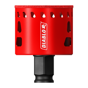 Red Diablo hole saw with diamond grit cutting surface and black hexagonal shank attachment.
