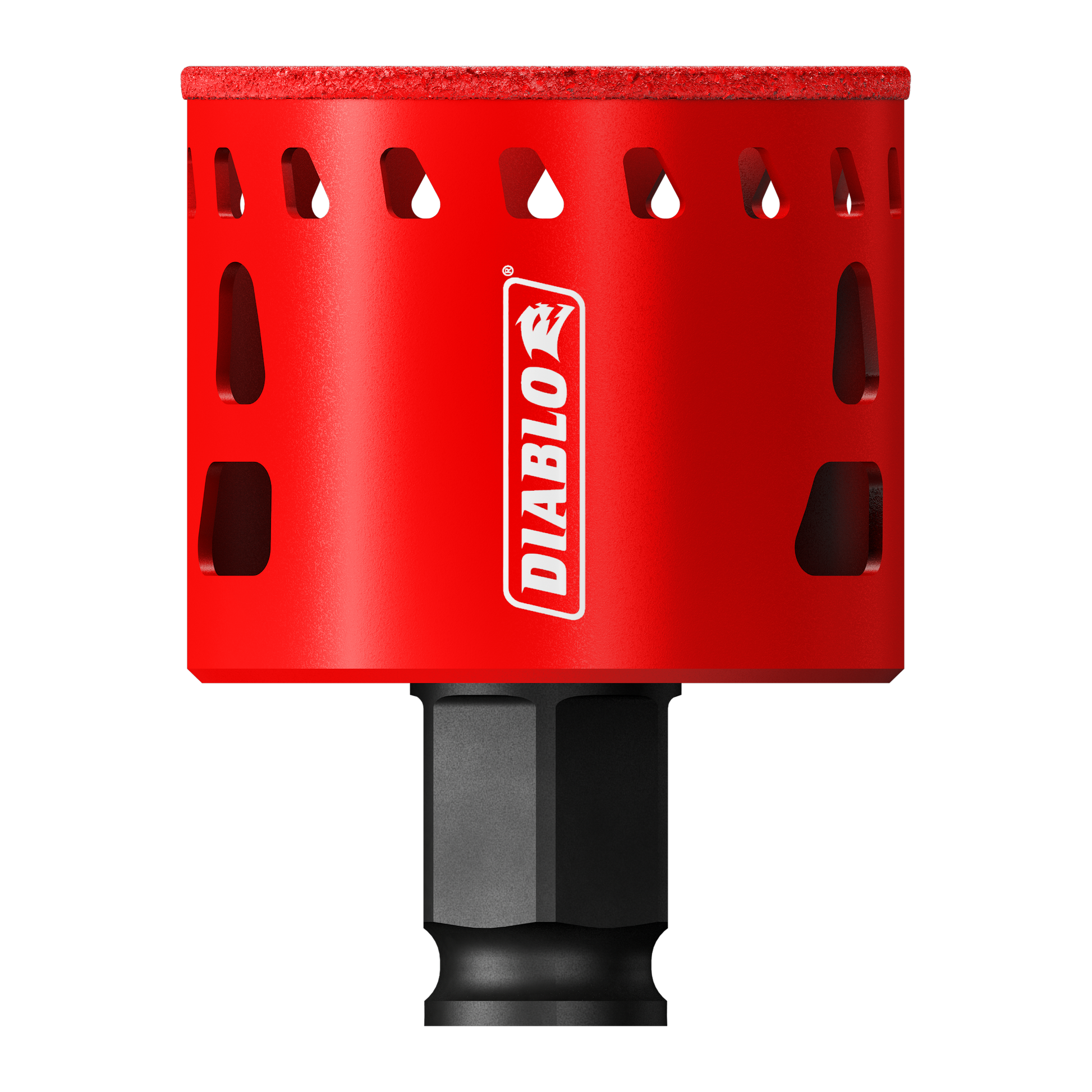 Red Diablo hole saw with diamond grit cutting surface and black hexagonal shank attachment.