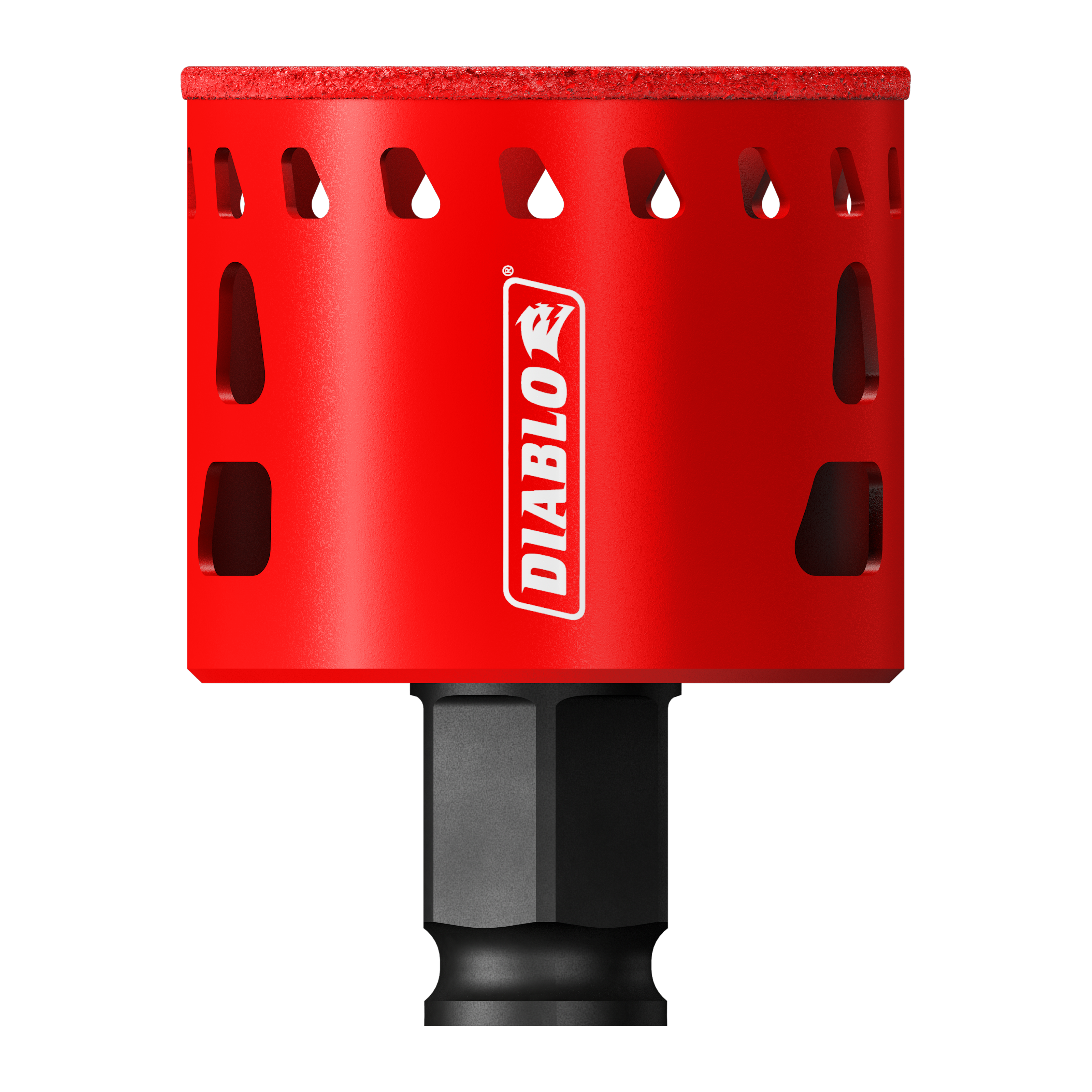 Red Diablo hole saw with diamond grit cutting surface and black hexagonal shank attachment.