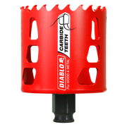 Red carbide-tipped holesaw with jagged cutting edge and black shank, labeled for wood and metal cutting.