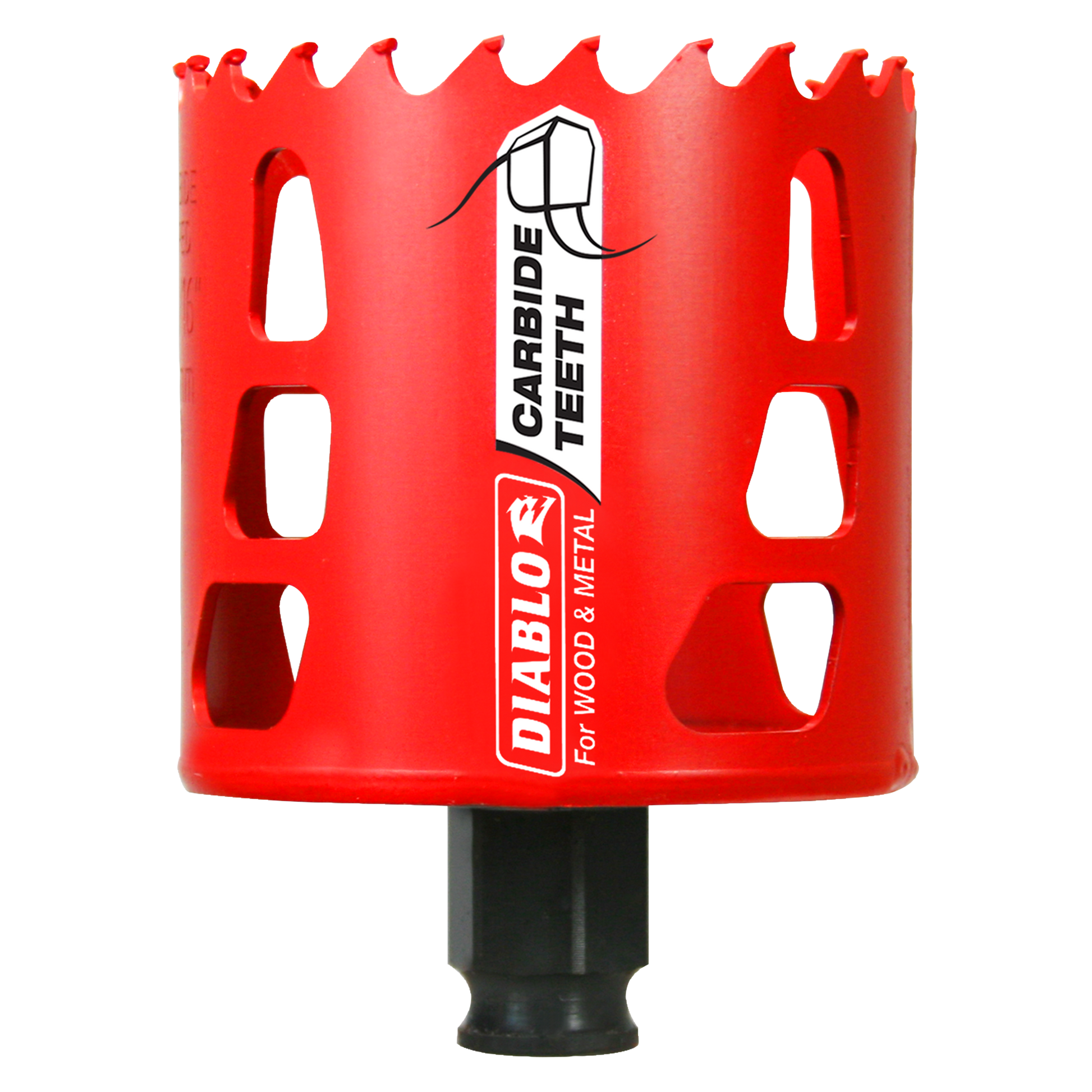 Red carbide-tipped holesaw with jagged cutting edge and black shank, labeled for wood and metal cutting.