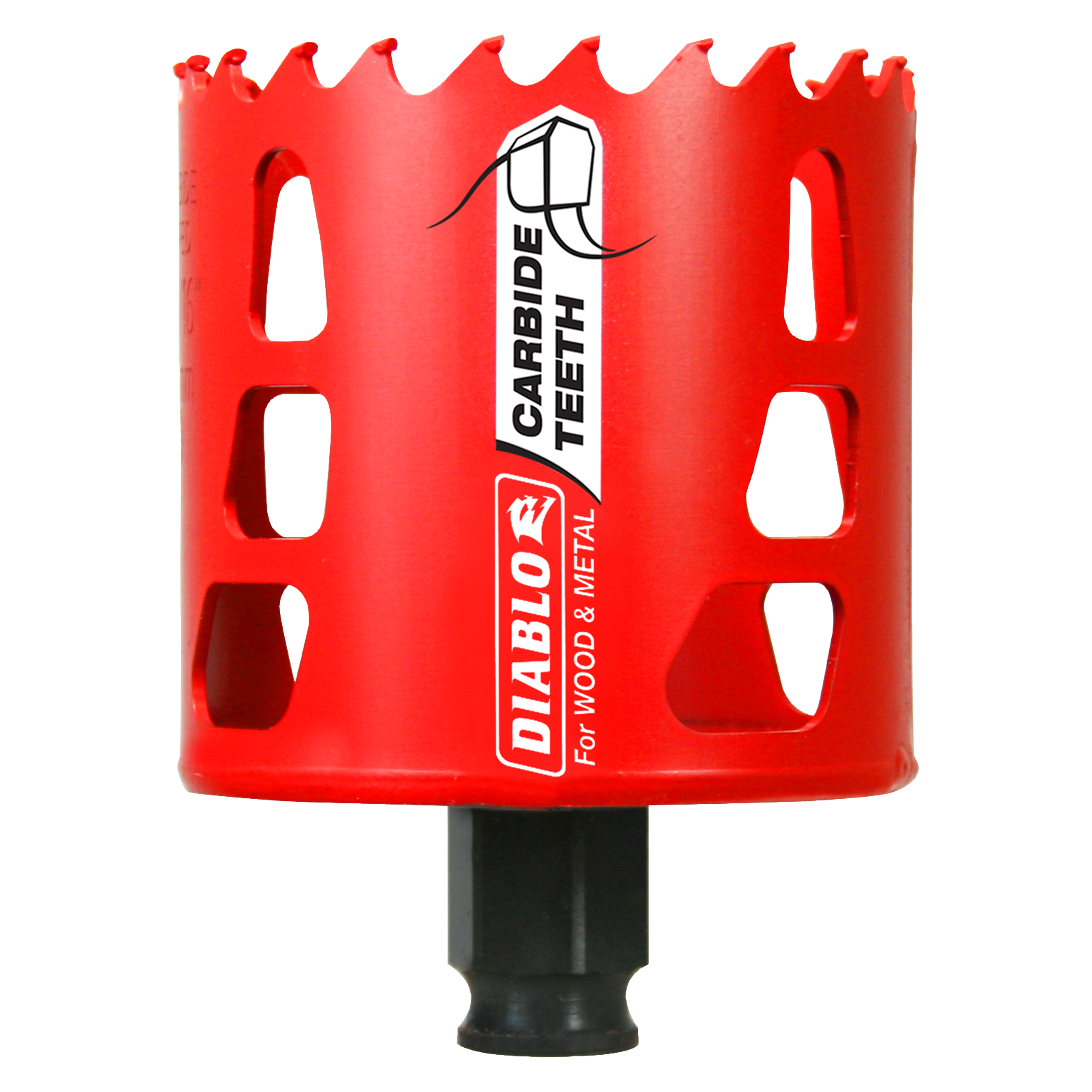 Red carbide-tipped holesaw with jagged cutting edge and black shank, labeled for wood and metal cutting.