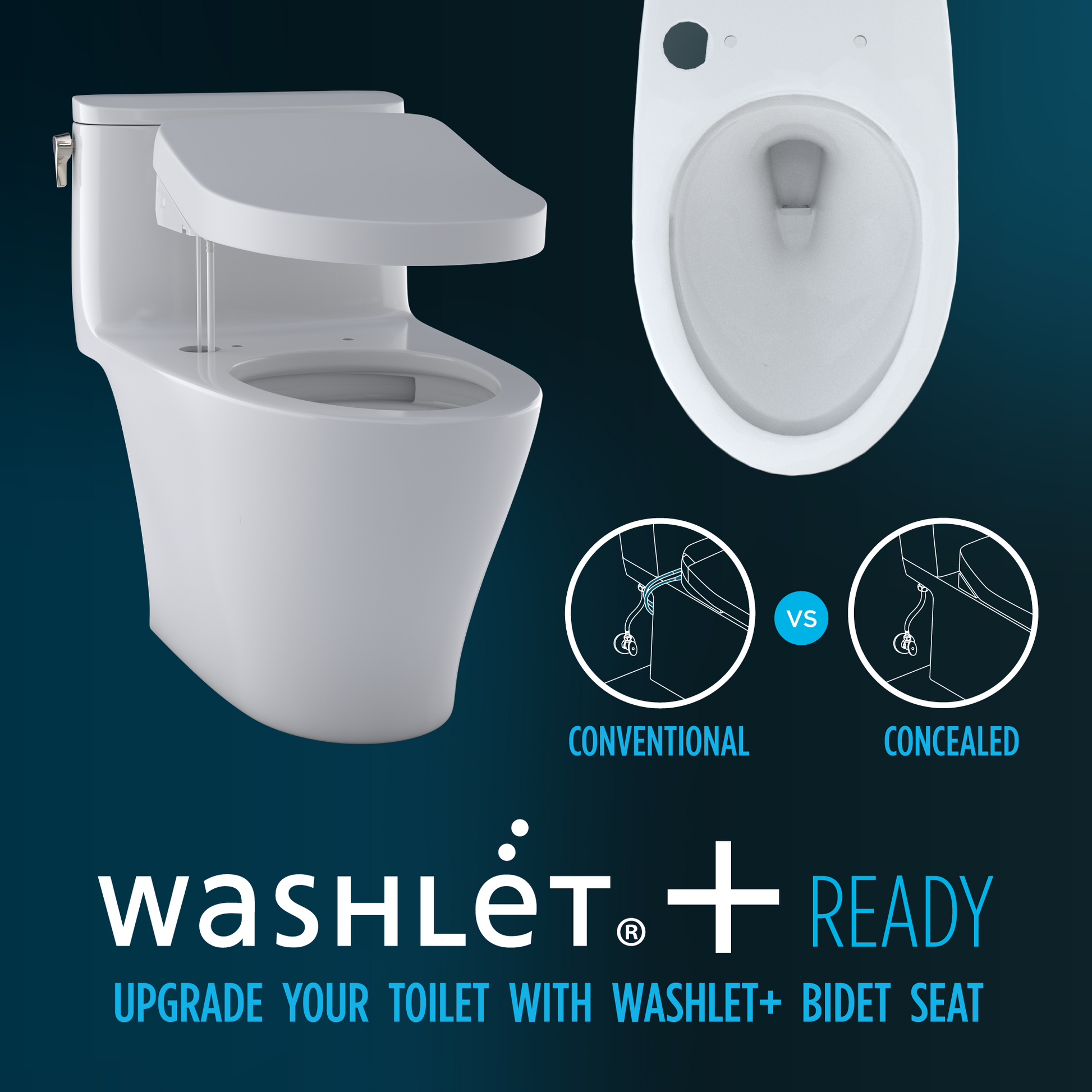 White two-piece elongated toilet with integrated bidet seat, shown with conventional and concealed plumbing installation opti