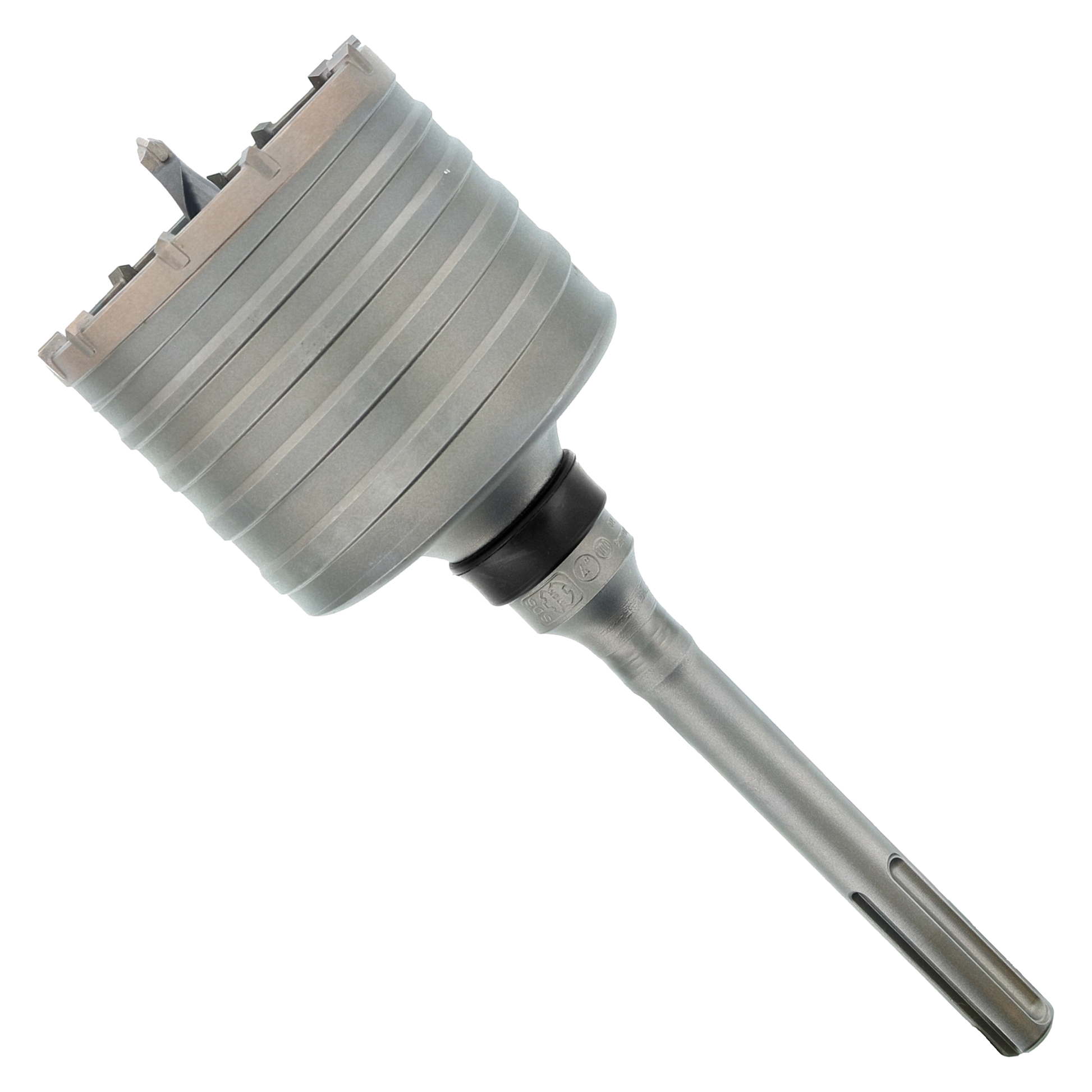 SDS-Max carbide-tipped core bit with cylindrical fluted head and metal shaft on white background.