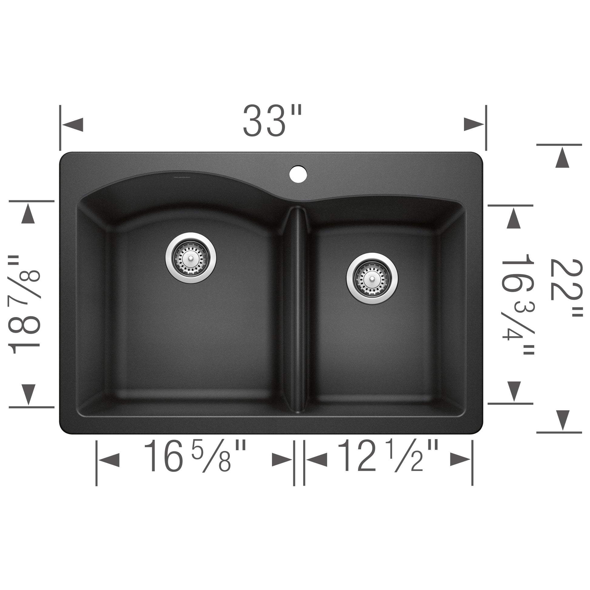 Anthracite drop-in kitchen sink with two bowls, stainless steel strainers, and dimension measurements.
