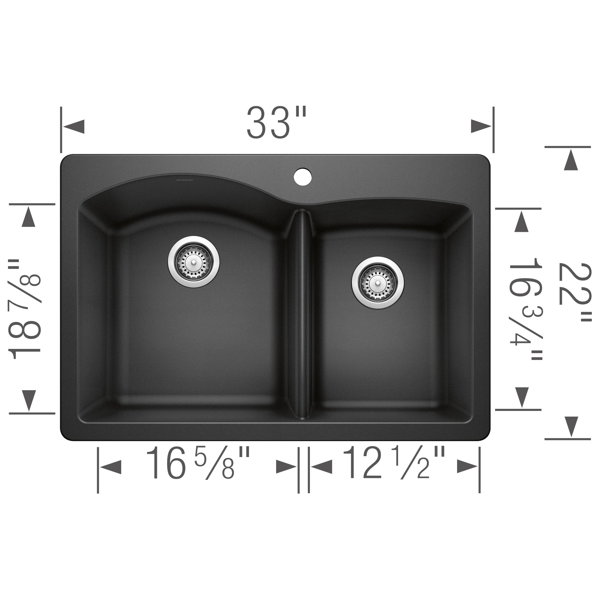 Anthracite drop-in kitchen sink with two bowls, stainless steel strainers, and dimension measurements.