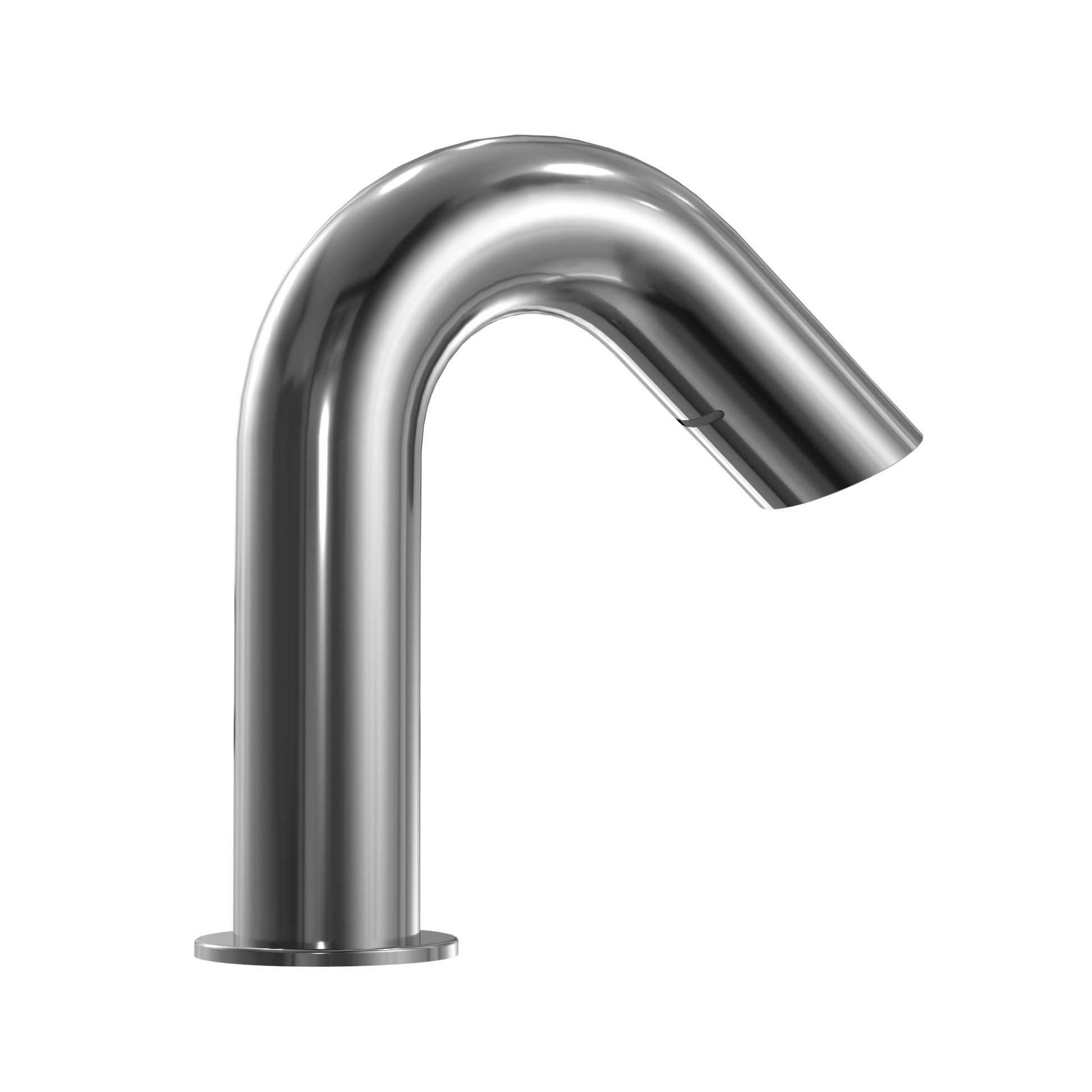 Polished chrome touchless bathroom faucet with curved spout and round base.