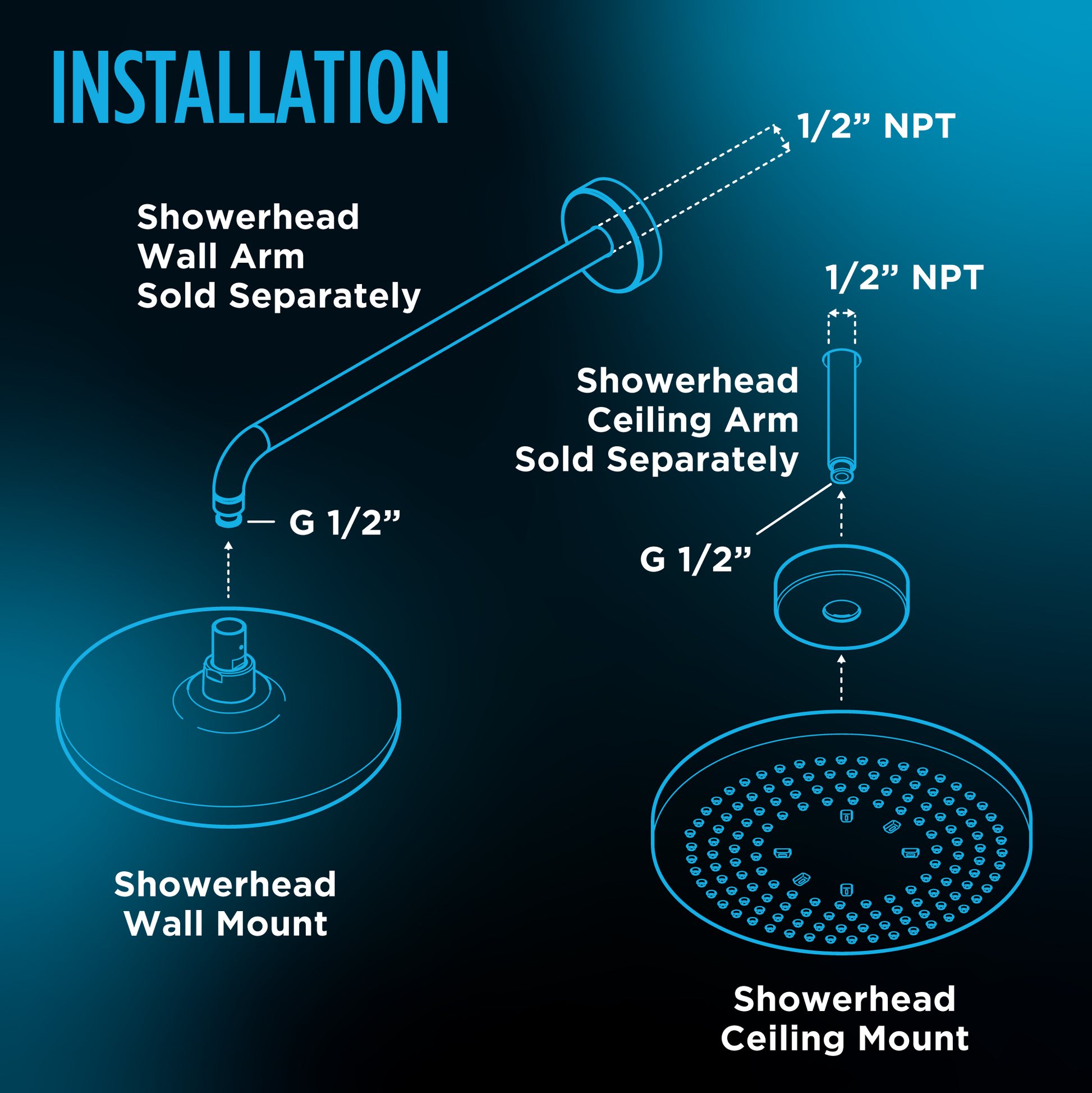 Polished chrome square showerhead with multiple spray jets shown in wall and ceiling mount installation diagrams with separat