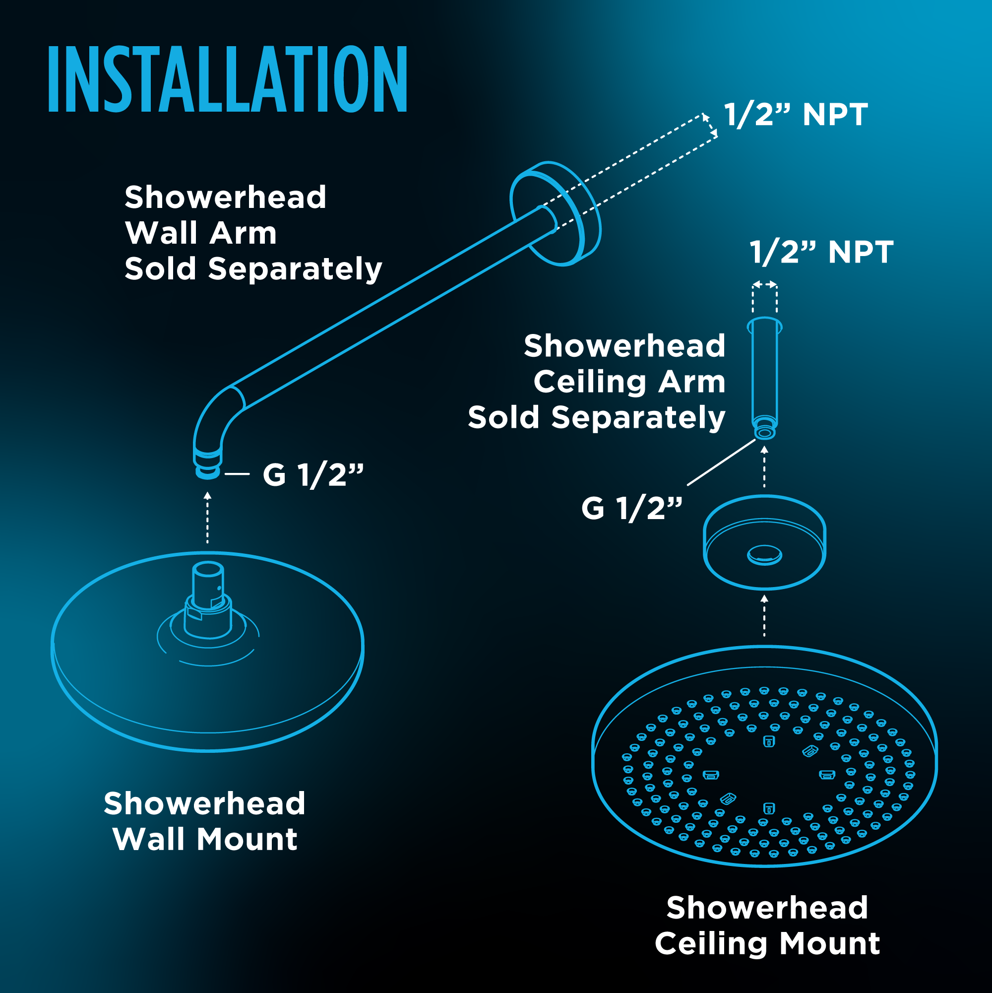 Polished chrome square showerhead with multiple spray jets shown in wall and ceiling mount installation diagrams with separat