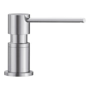 Stainless steel soap dispenser with cylindrical pump body and horizontal spout extending to the right.