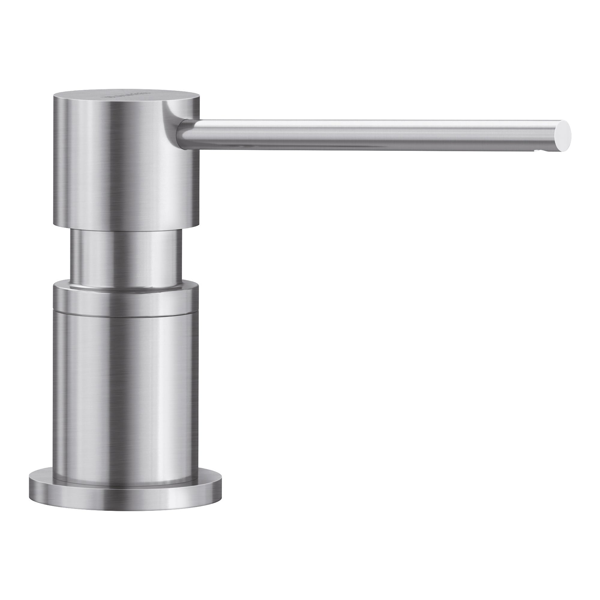 Stainless steel soap dispenser with cylindrical pump body and horizontal spout extending to the right.