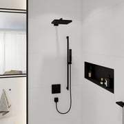 Matte black rectangular shower head mounted on ceiling with single spray jet and matching arm.