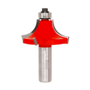 Red and silver router bit with curved beading profile and cylindrical shank.