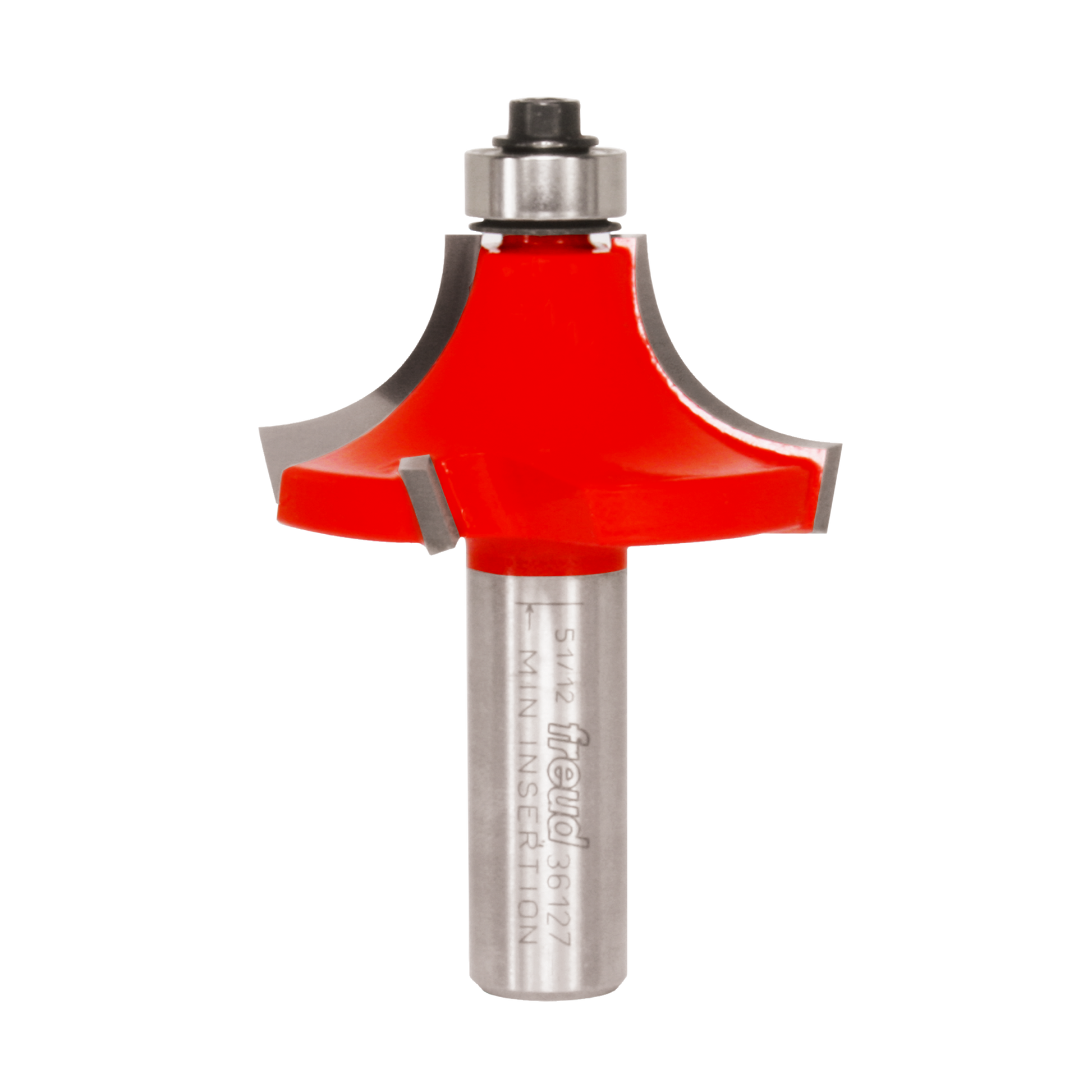 Red and silver router bit with curved beading profile and cylindrical shank.