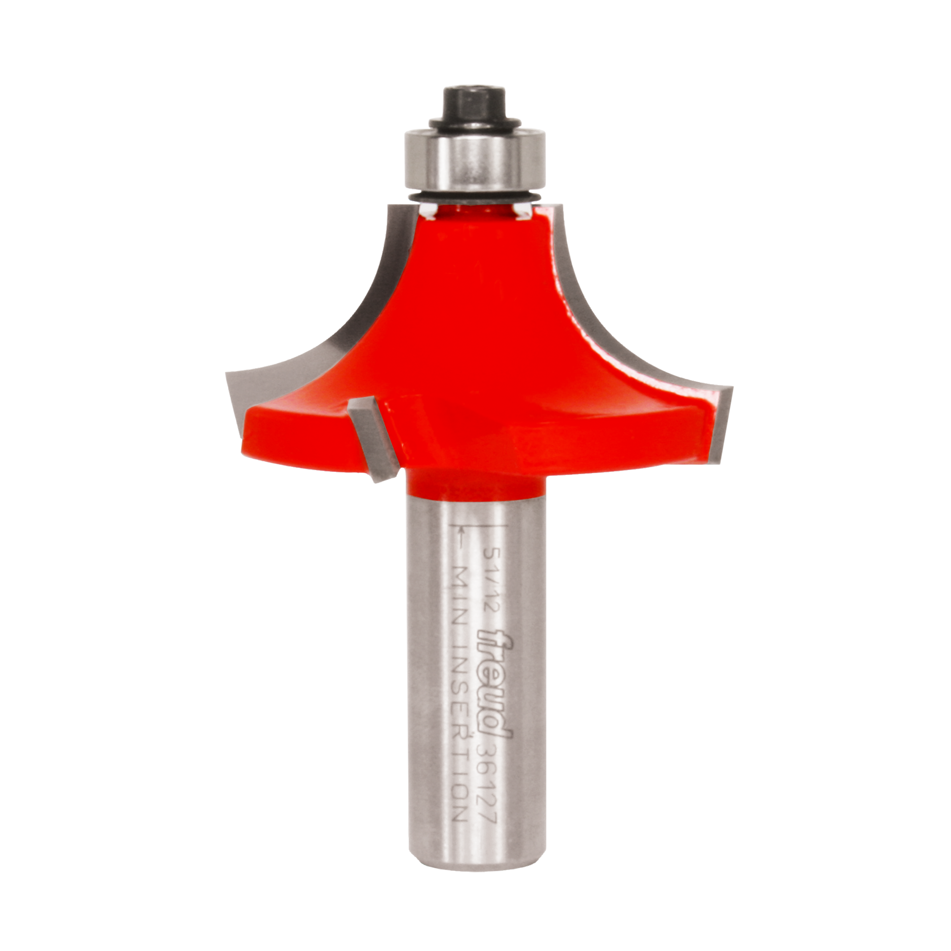 Red and silver router bit with curved beading profile and cylindrical shank.