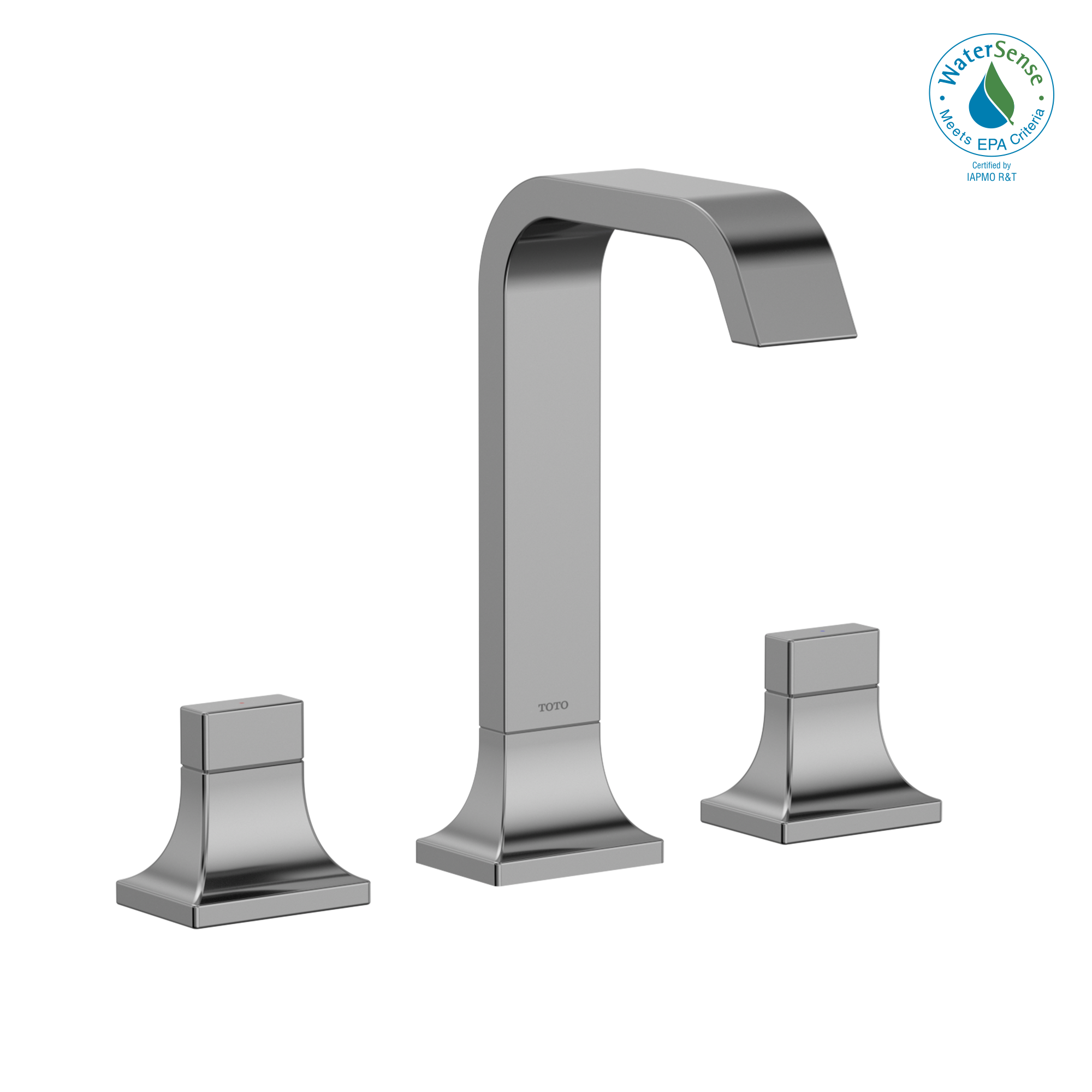 Polished chrome two-handle widespread bathroom sink faucet with curved spout and square handles.