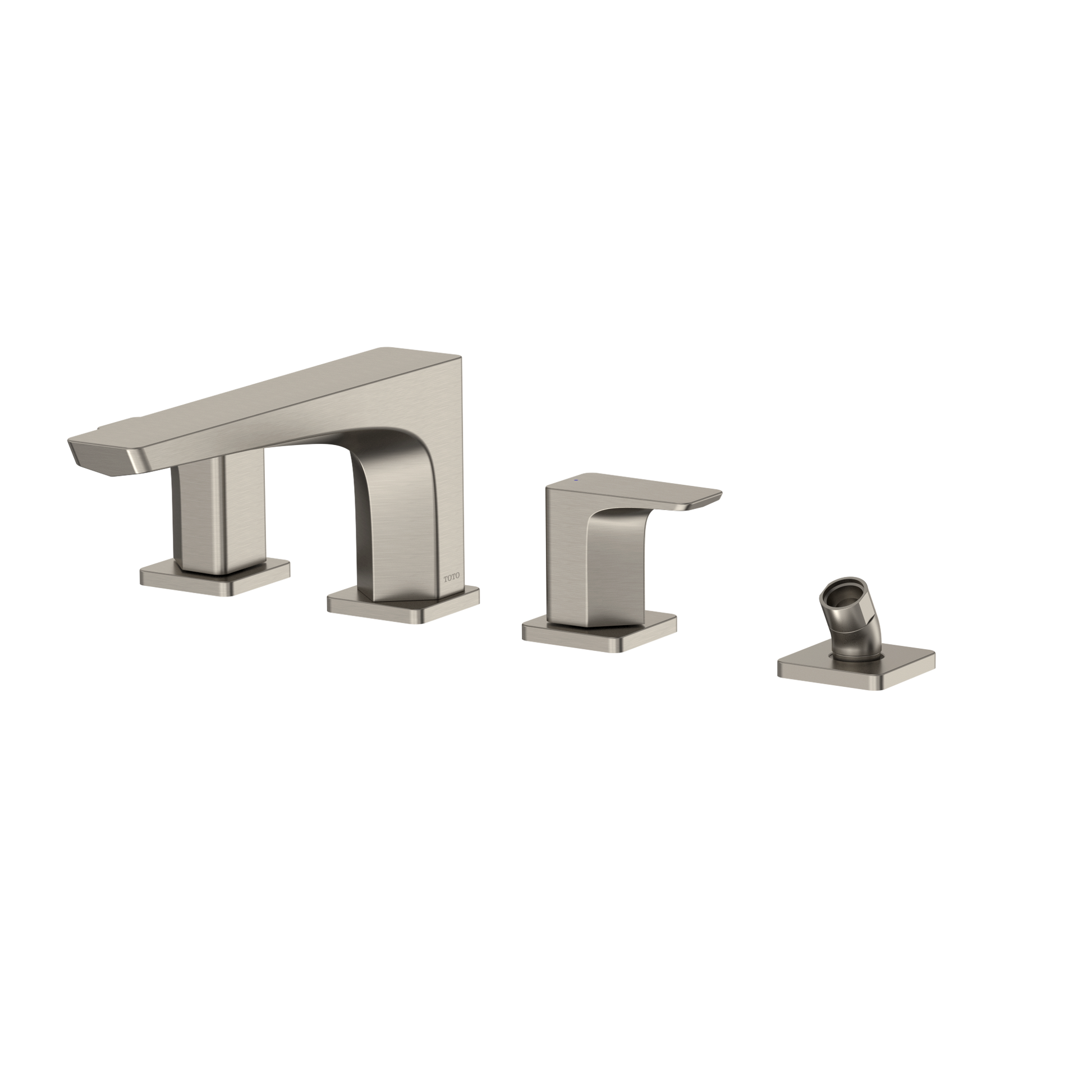 Brushed nickel two-handle deck-mount roman tub filler with spout, control handles, and detachable handshower.