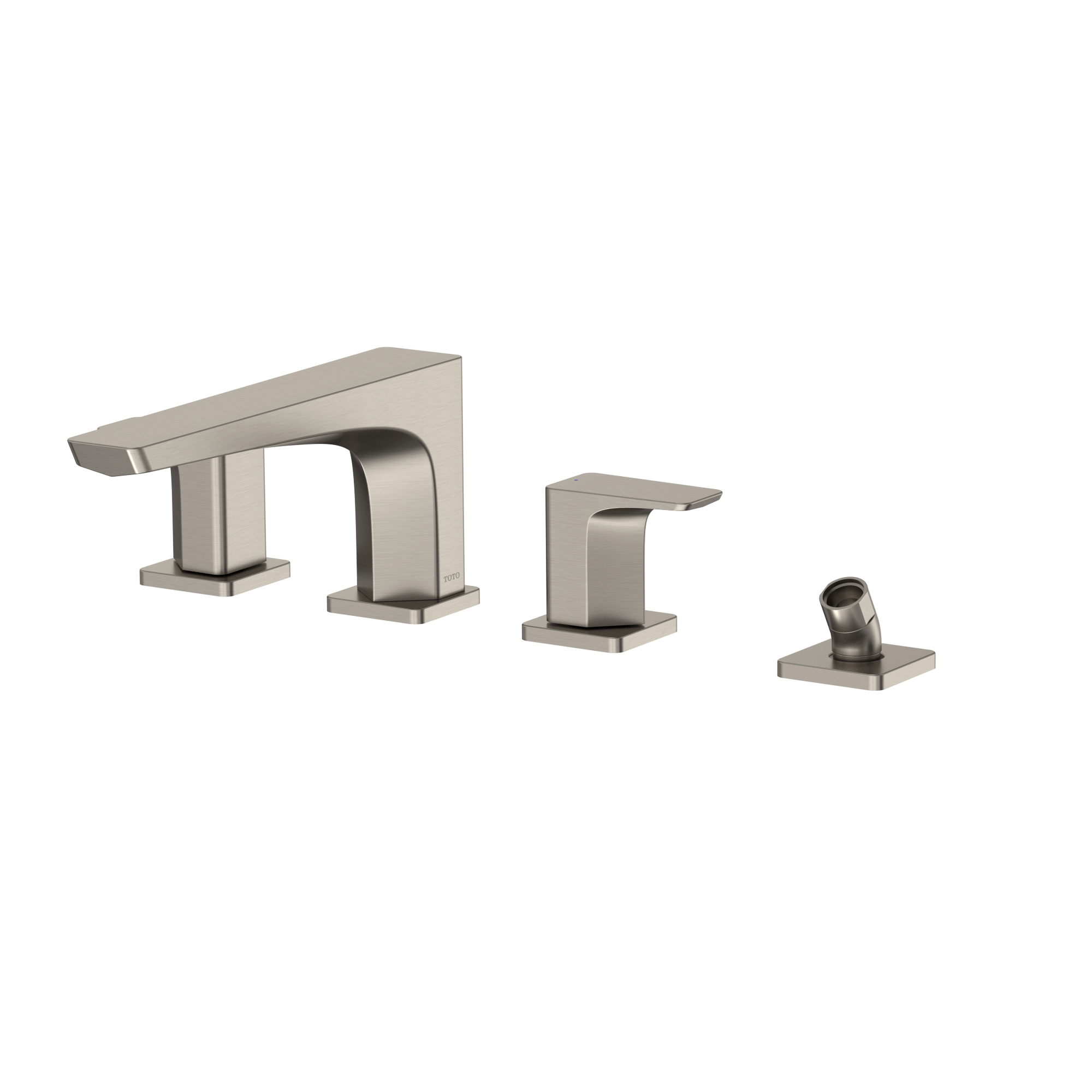 Brushed nickel two-handle deck-mount roman tub filler with spout, control handles, and detachable handshower.