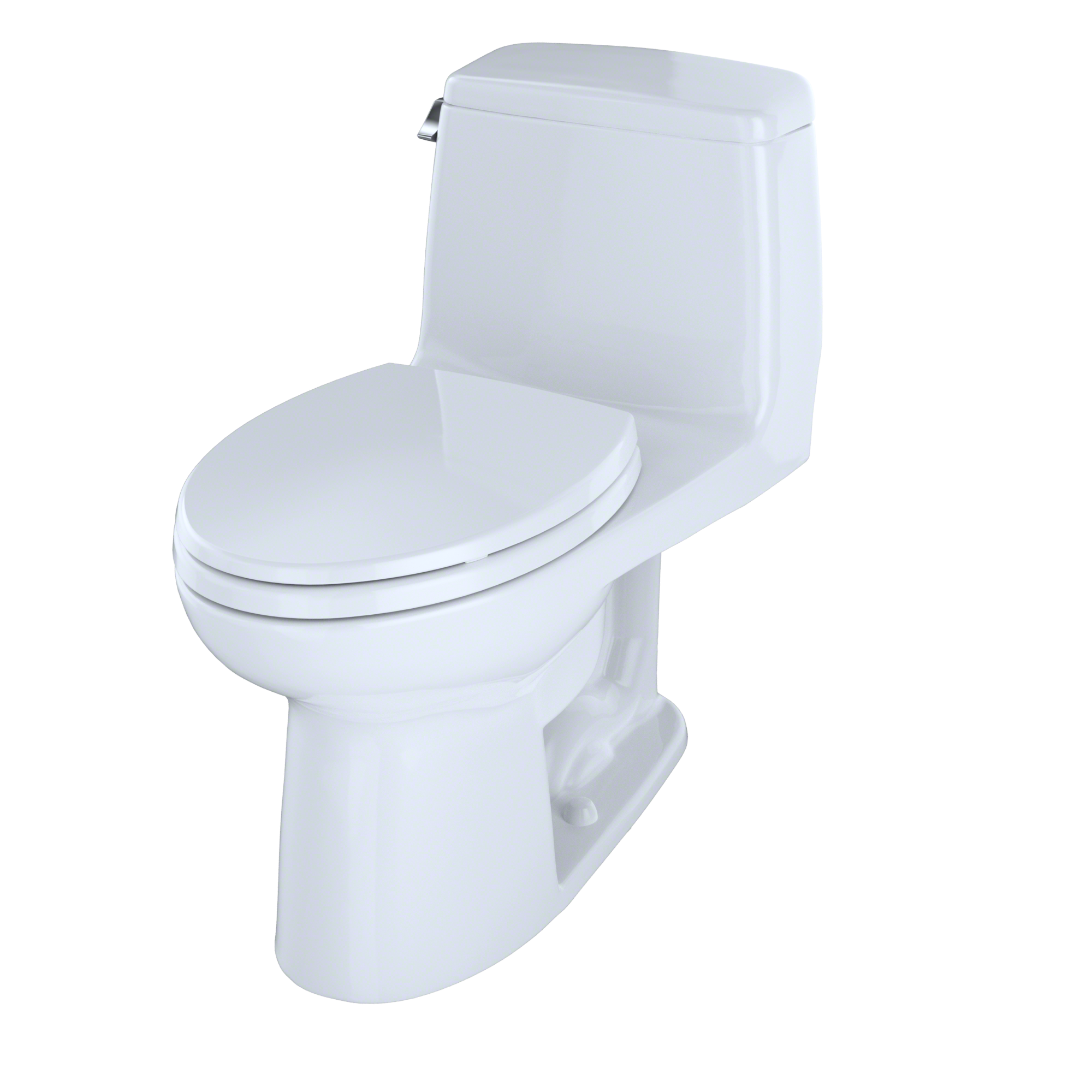 White one-piece elongated toilet with soft-close seat and tank, shown at an angle.