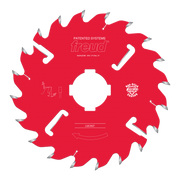 Red circular saw blade with gray carbide teeth, white center arbor hole, and Freud branding.