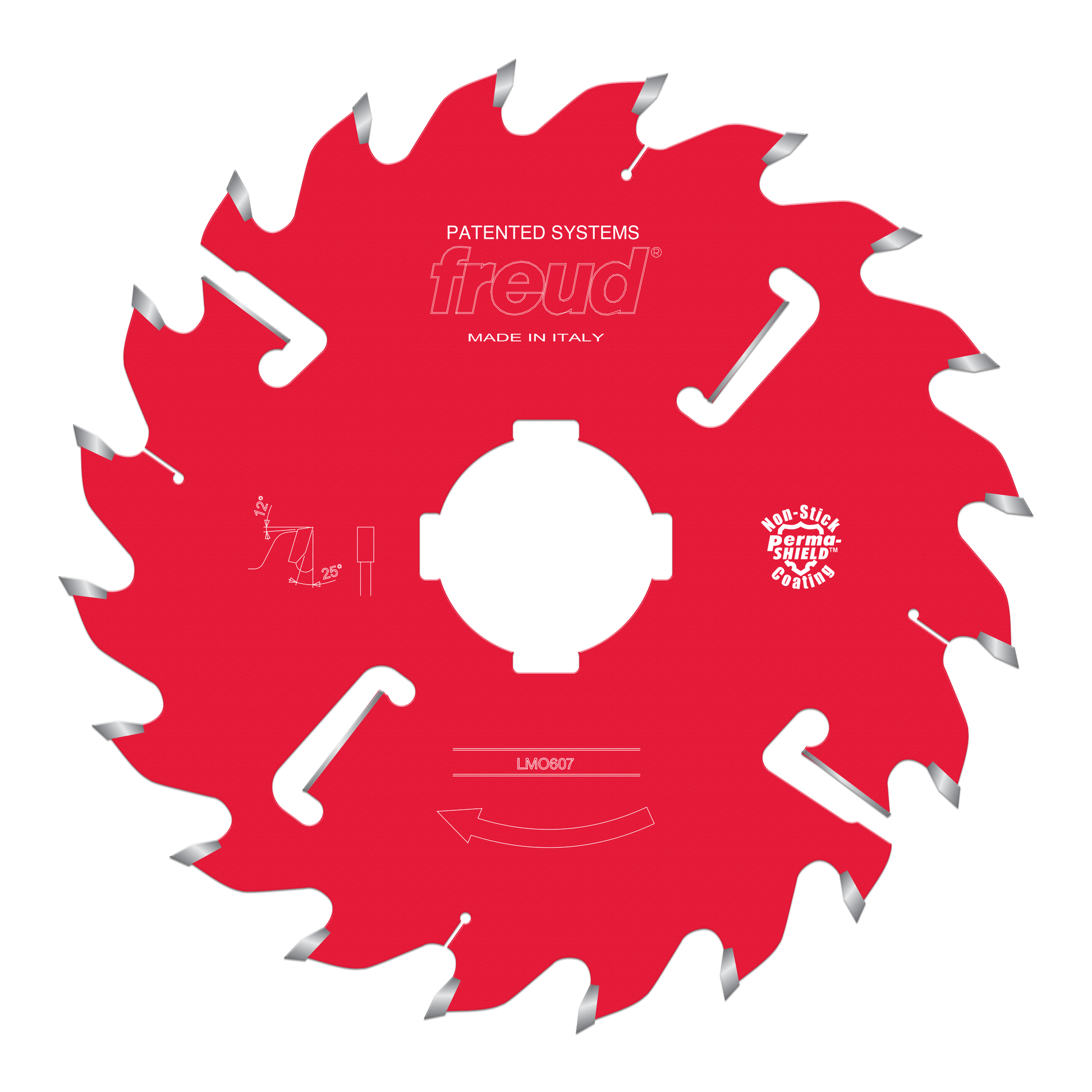 Red circular saw blade with gray carbide teeth, white center arbor hole, and Freud branding.
