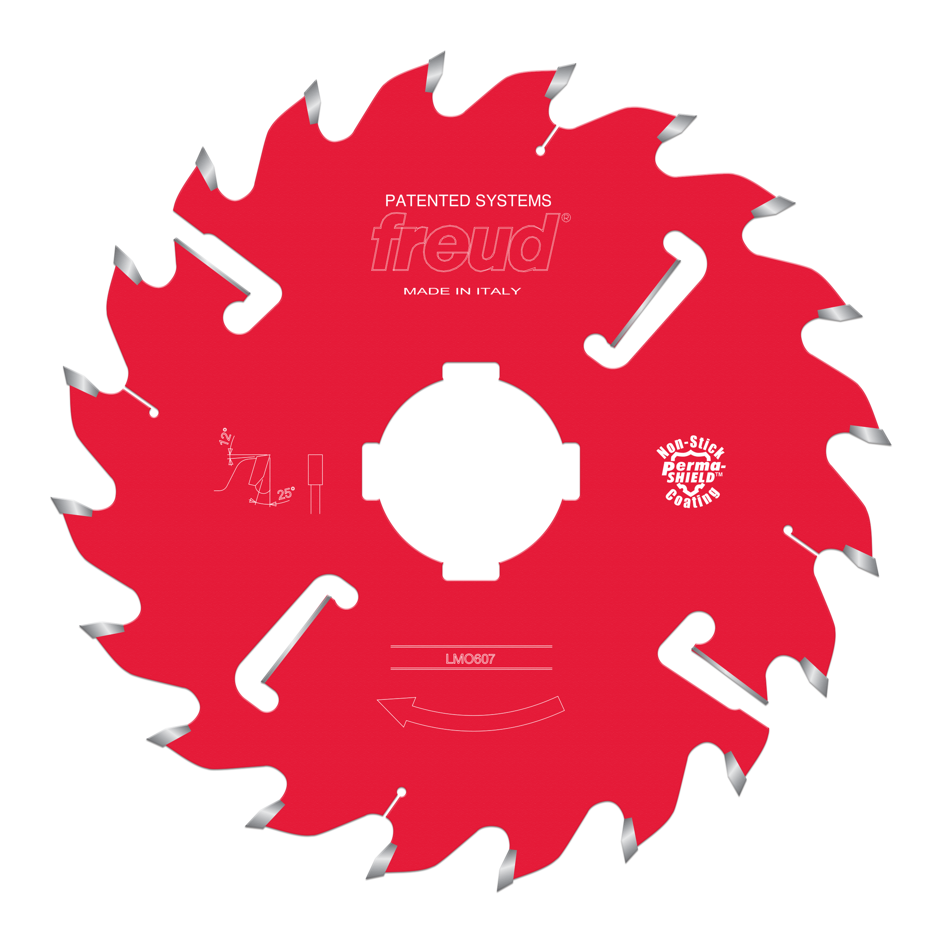 Red circular saw blade with gray carbide teeth, white center arbor hole, and Freud branding.