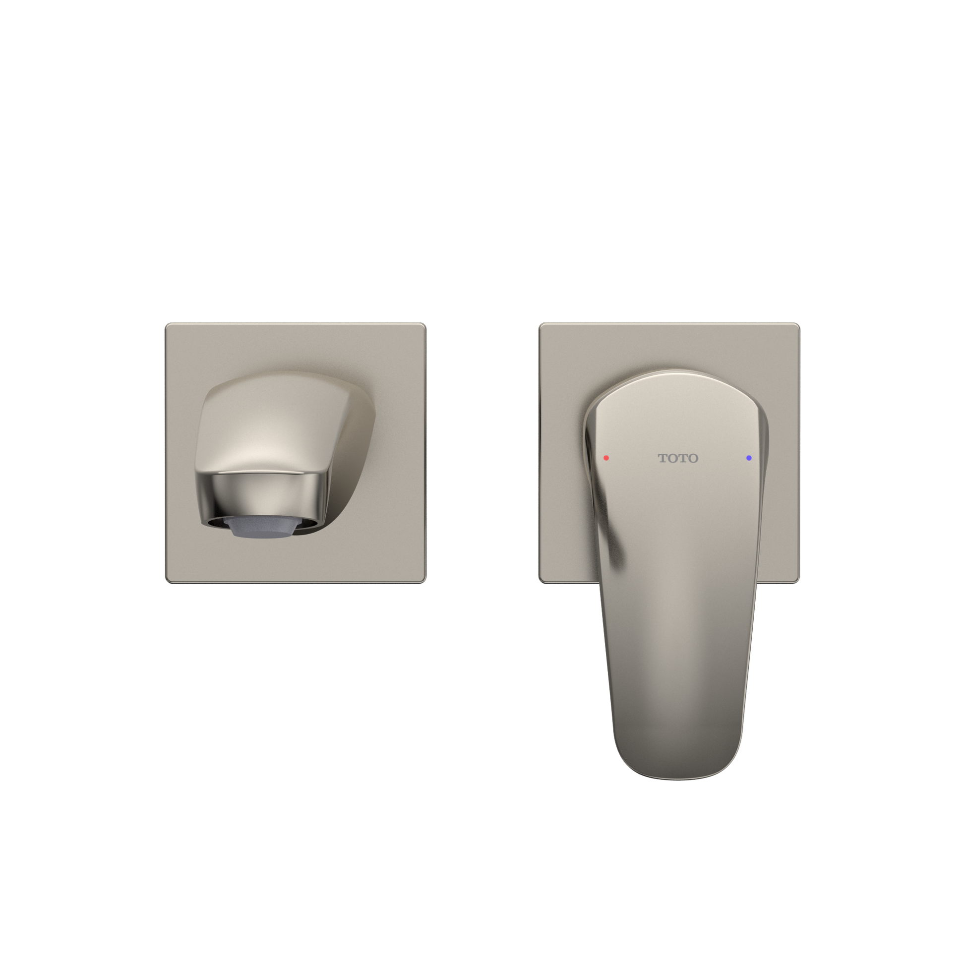 Polished nickel wall-mount bathroom faucet with single curved handle and square mounting plate, shown from two angles.