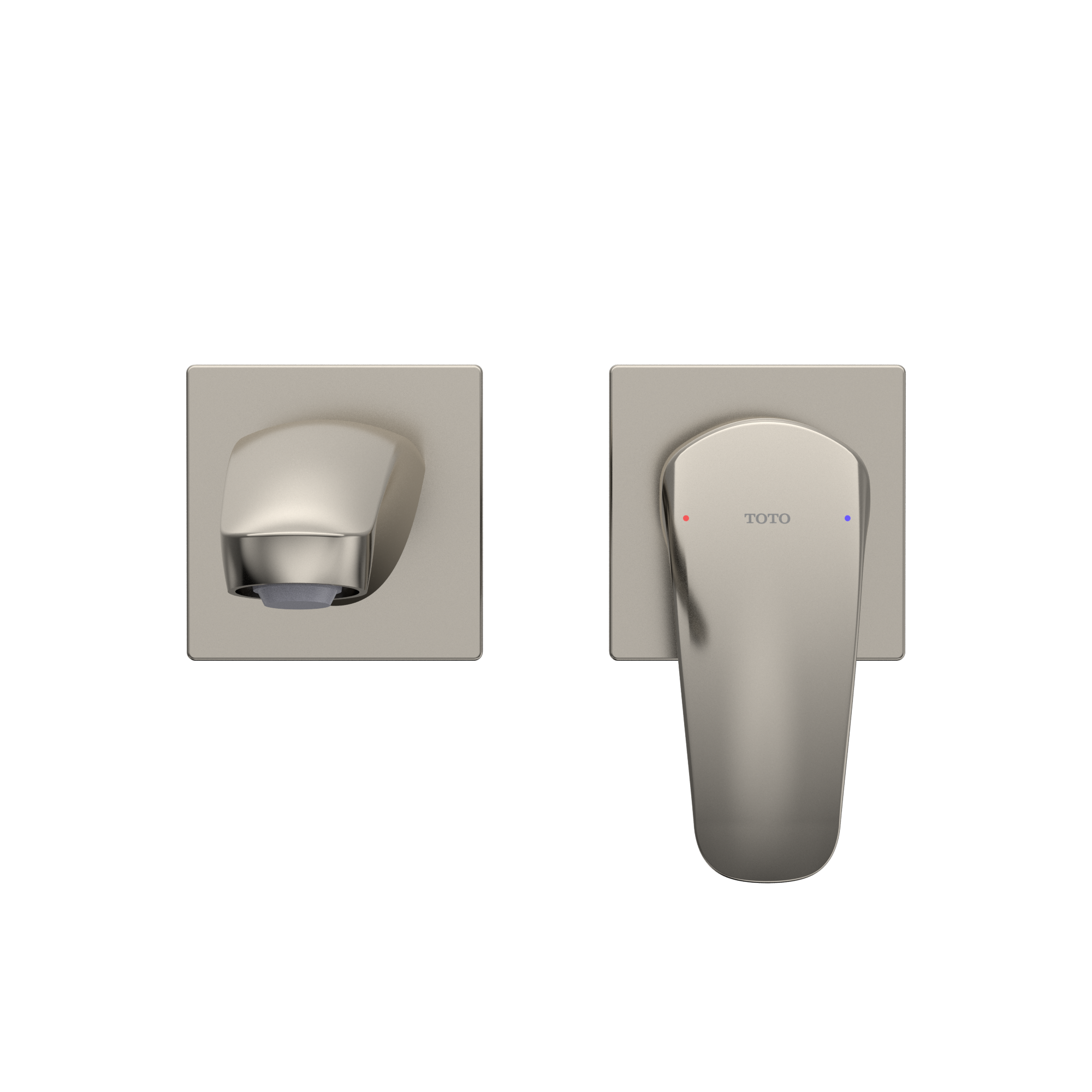 Polished nickel wall-mount bathroom faucet with single curved handle and square mounting plate, shown from two angles.