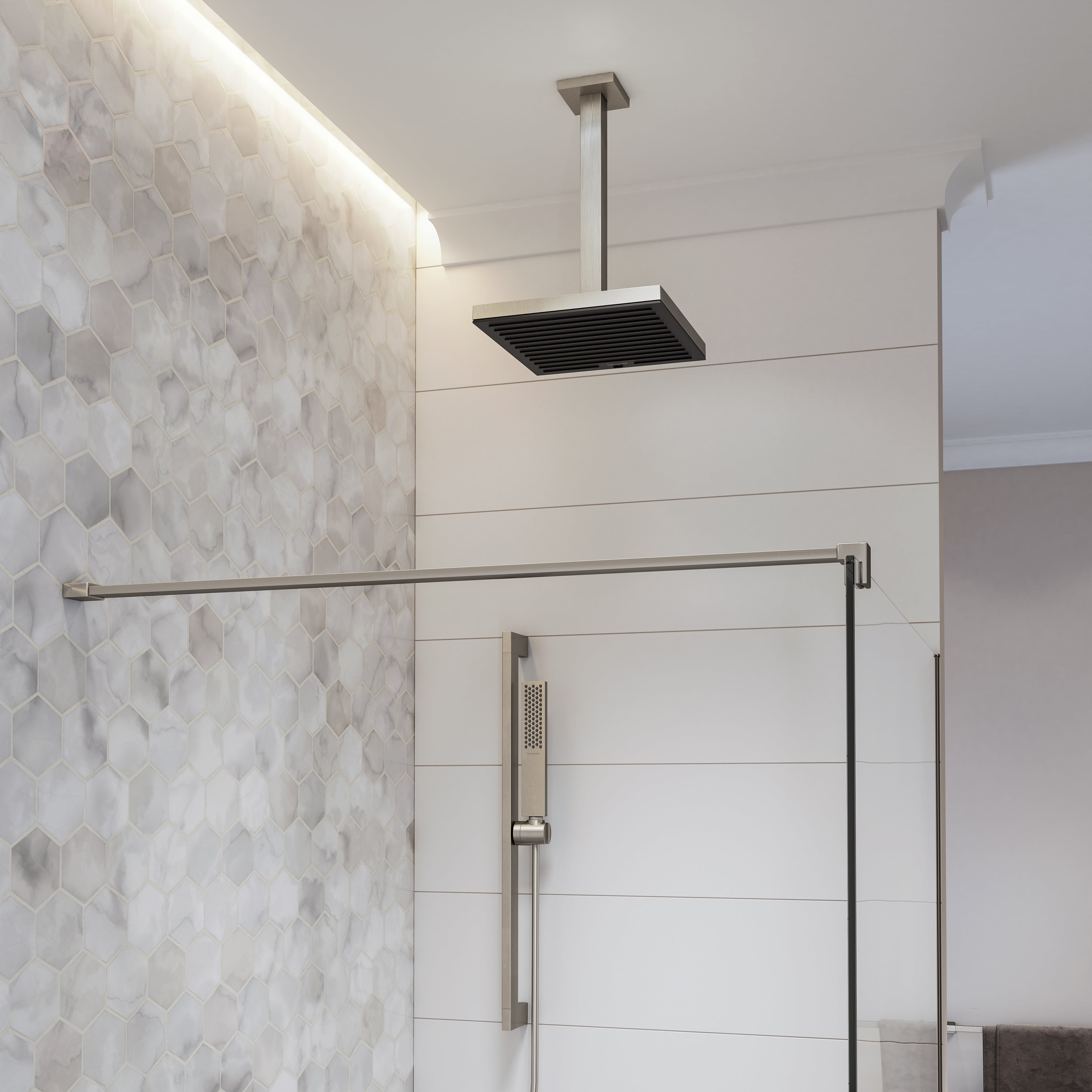 Brushed nickel rectangular ceiling-mounted shower head with single jet, suspended from metal arm in bathroom shower enclosure