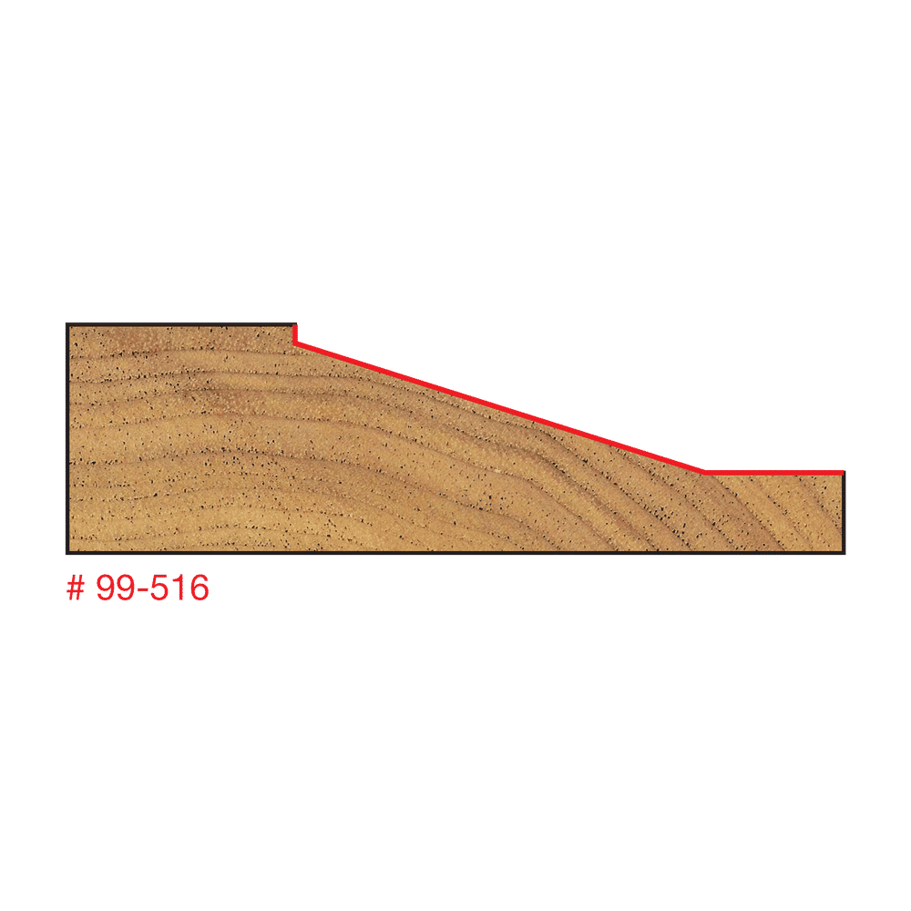 Raised panel router bit with curved cutting edge profile shown in cross-section on wood sample.