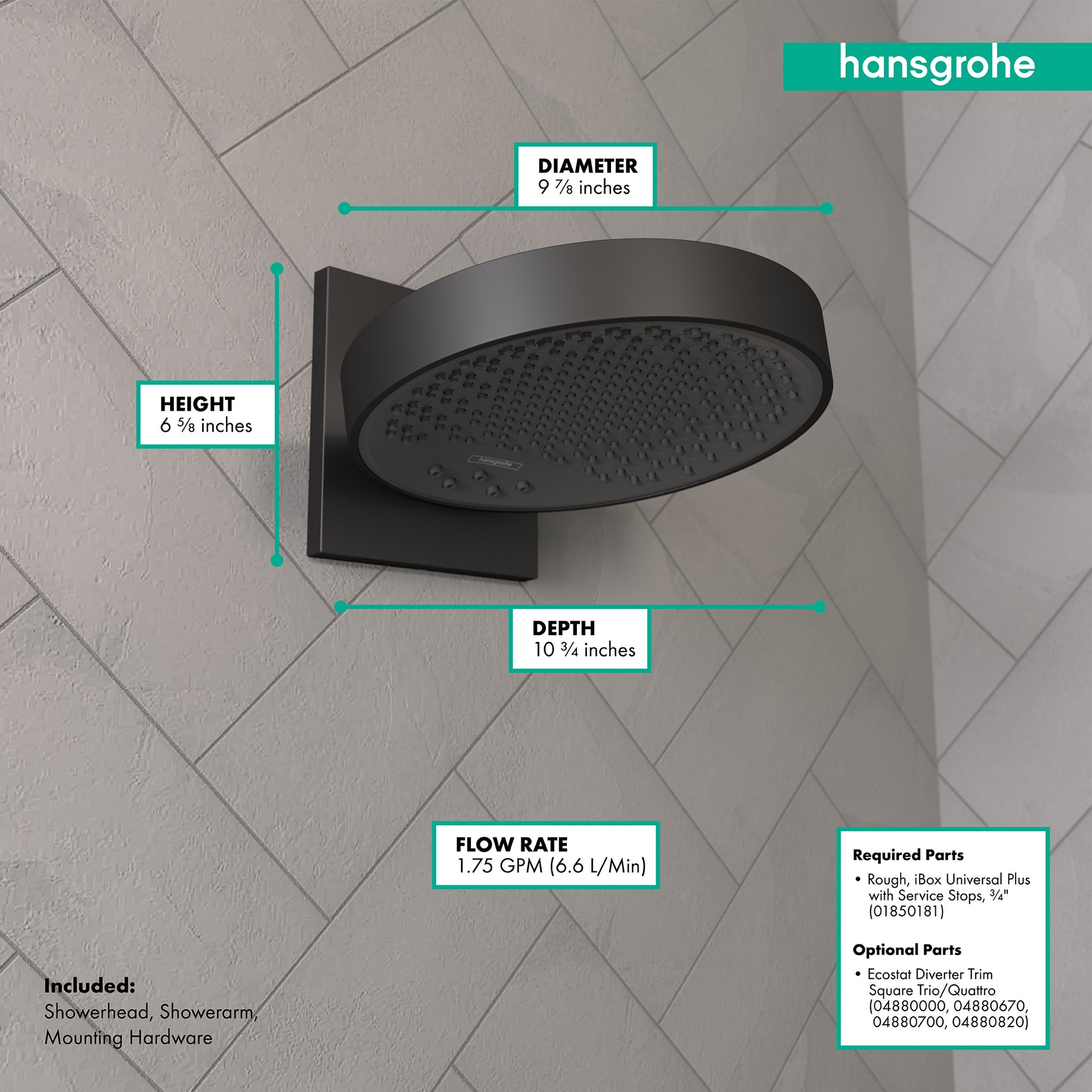 Matte black round rainfall showerhead 9⅞ inches diameter with square wall-mounted connector trim against tiled wall.