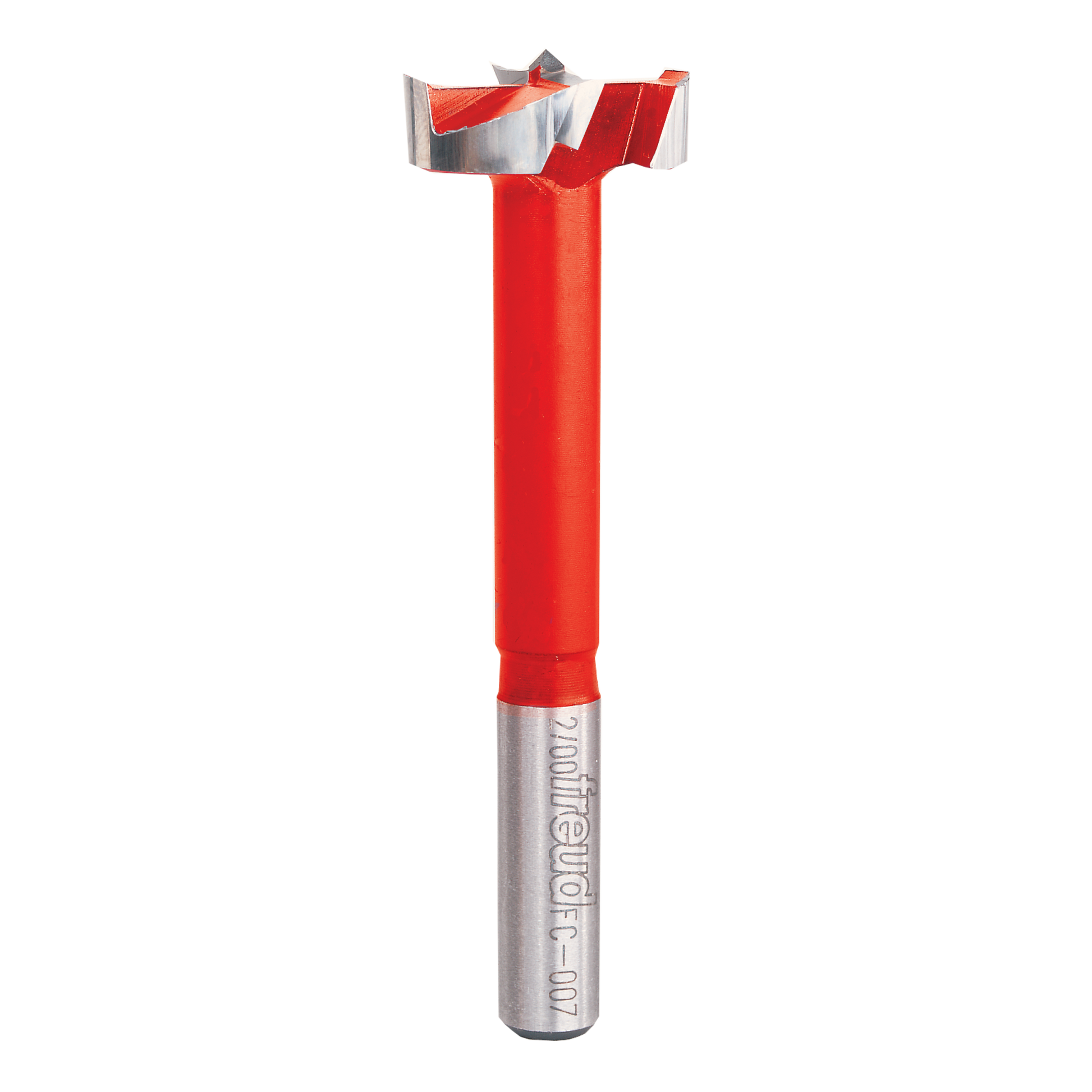 Freud FC-007 Forstner bit with red shaft, silver cutting head, and center point for woodworking.