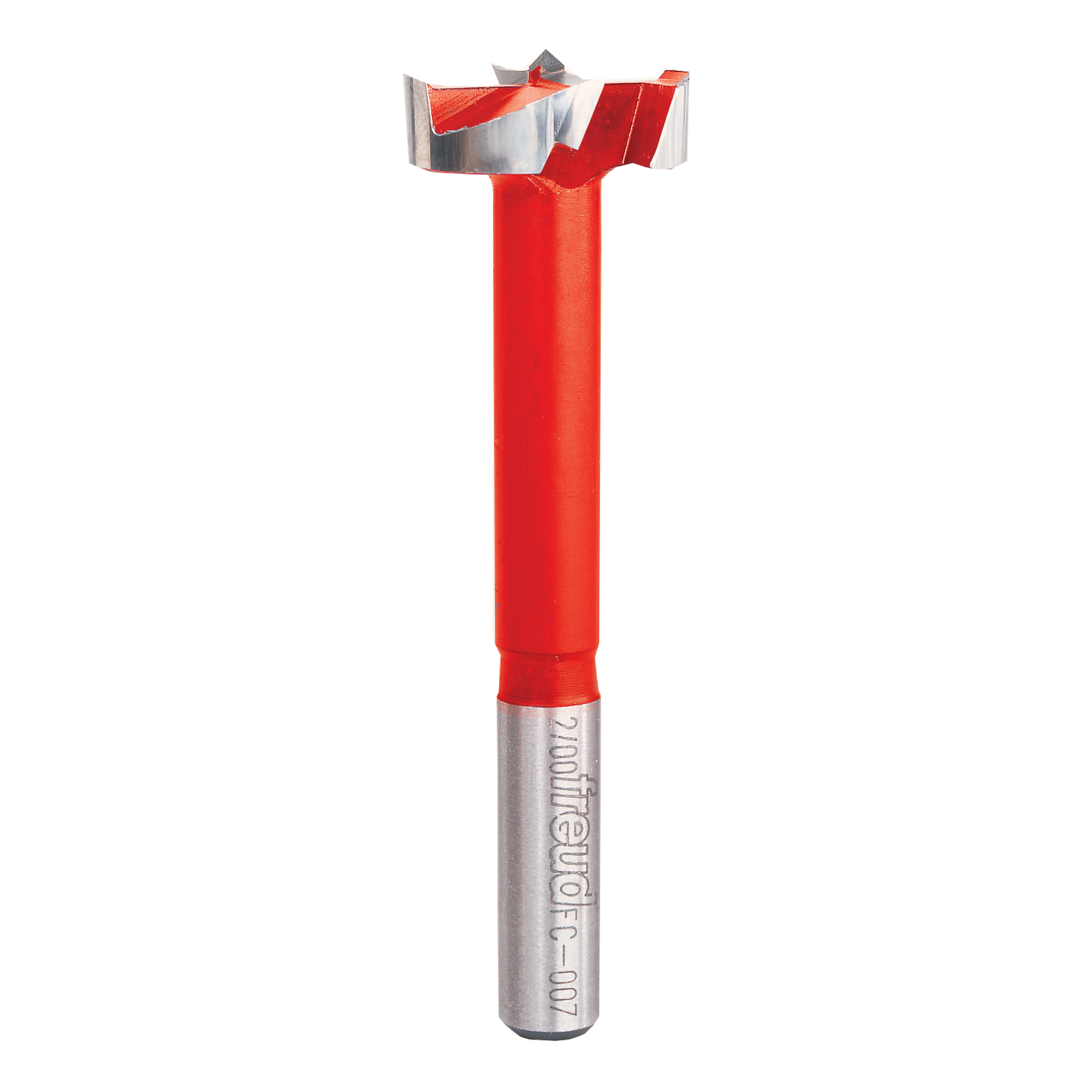 Freud FC-007 Forstner bit with red shaft, silver cutting head, and center point for woodworking.