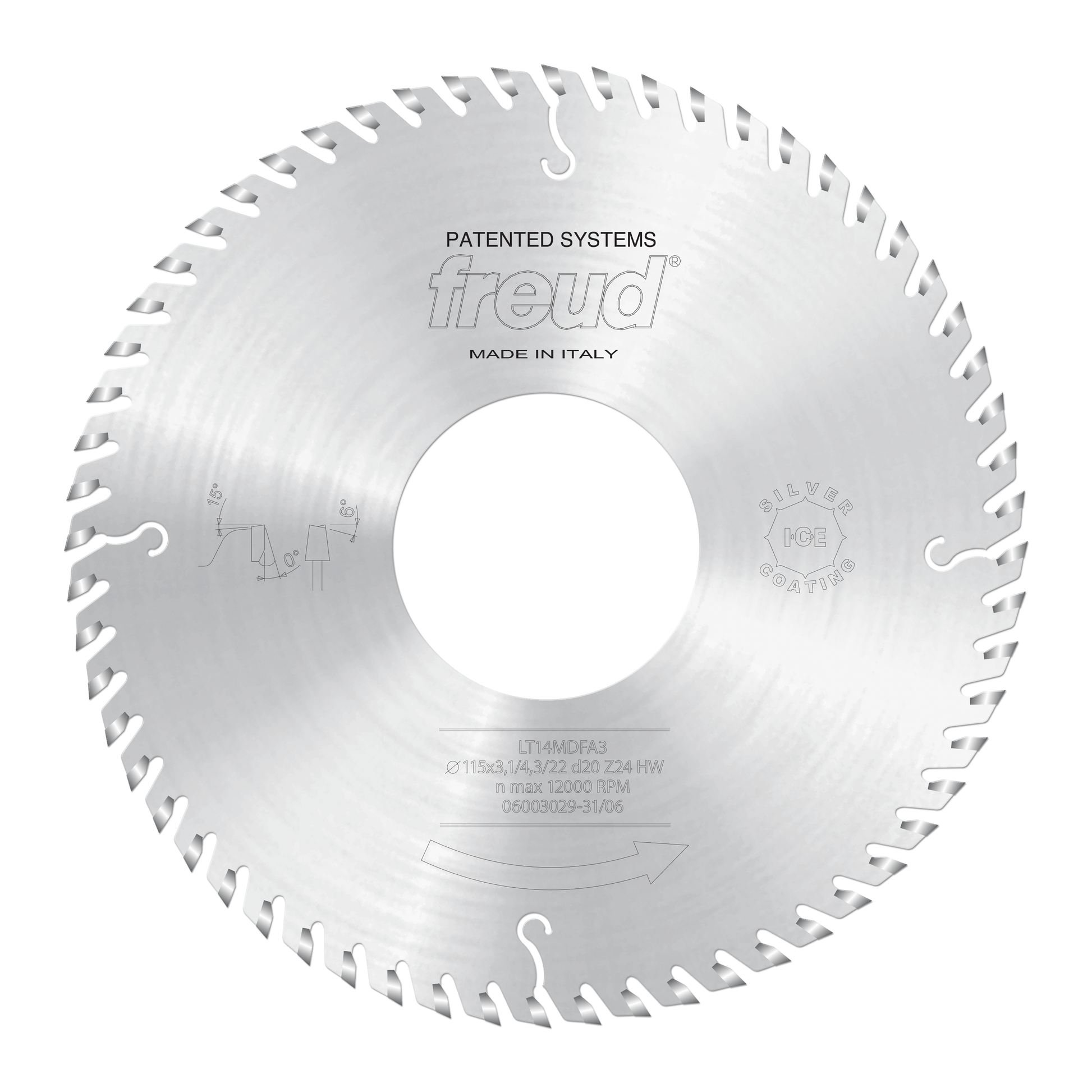Silver circular saw blade with multiple teeth around perimeter, large center hole, and Freud branding, made in Italy.