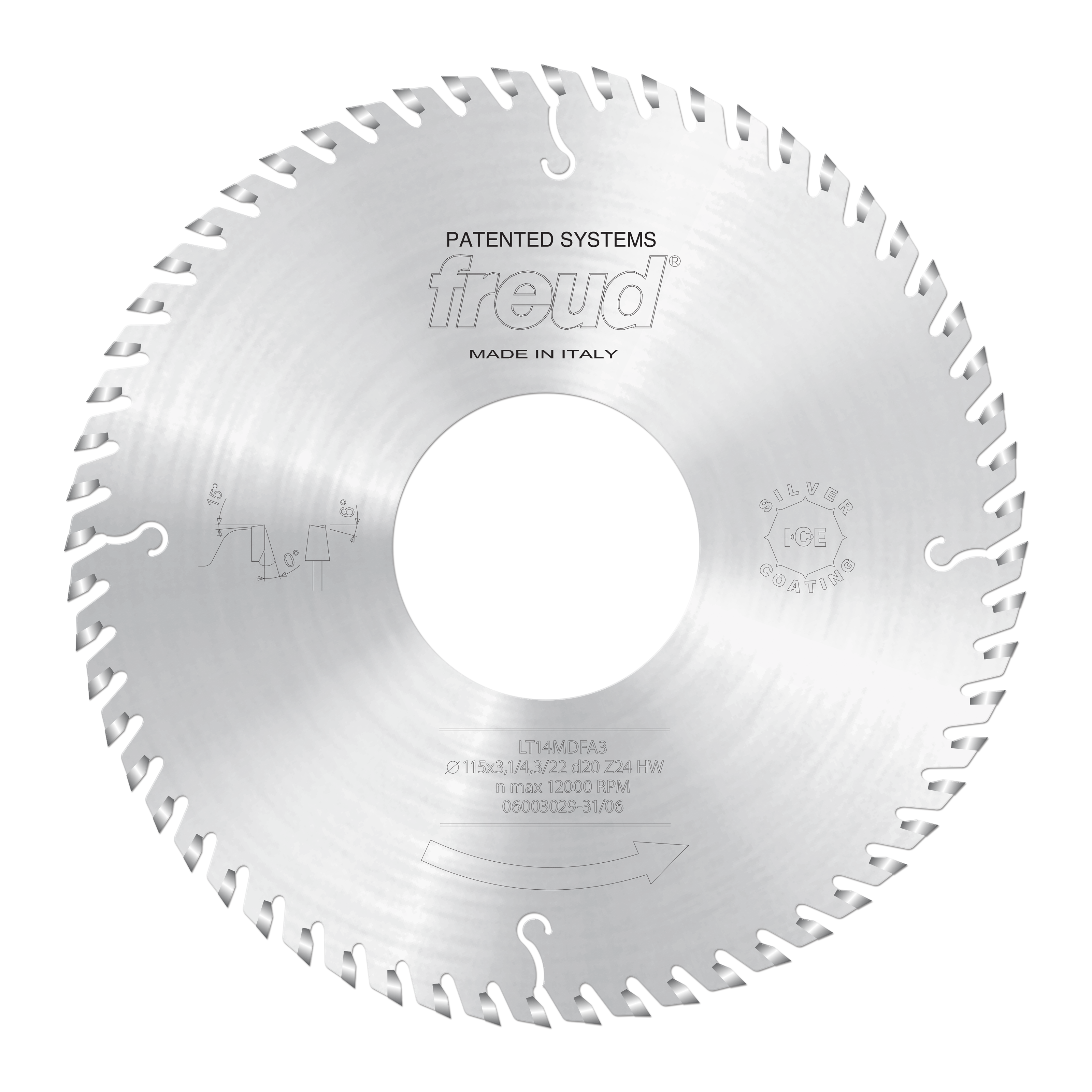 Silver circular saw blade with multiple teeth around perimeter, large center hole, and Freud branding, made in Italy.