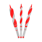 Three red and gray auger bits with spiral flutes and pointed tips arranged vertically.
