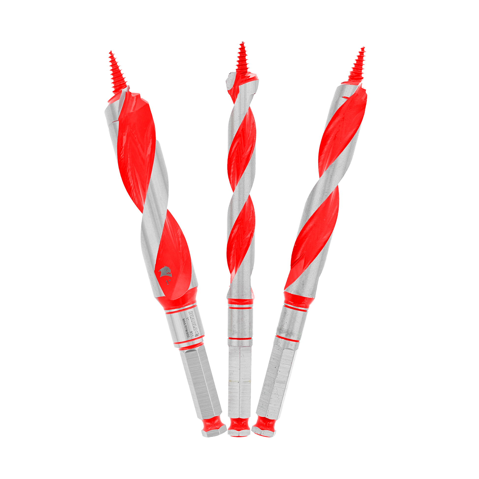 Three red and gray auger bits with spiral flutes and pointed tips arranged vertically.