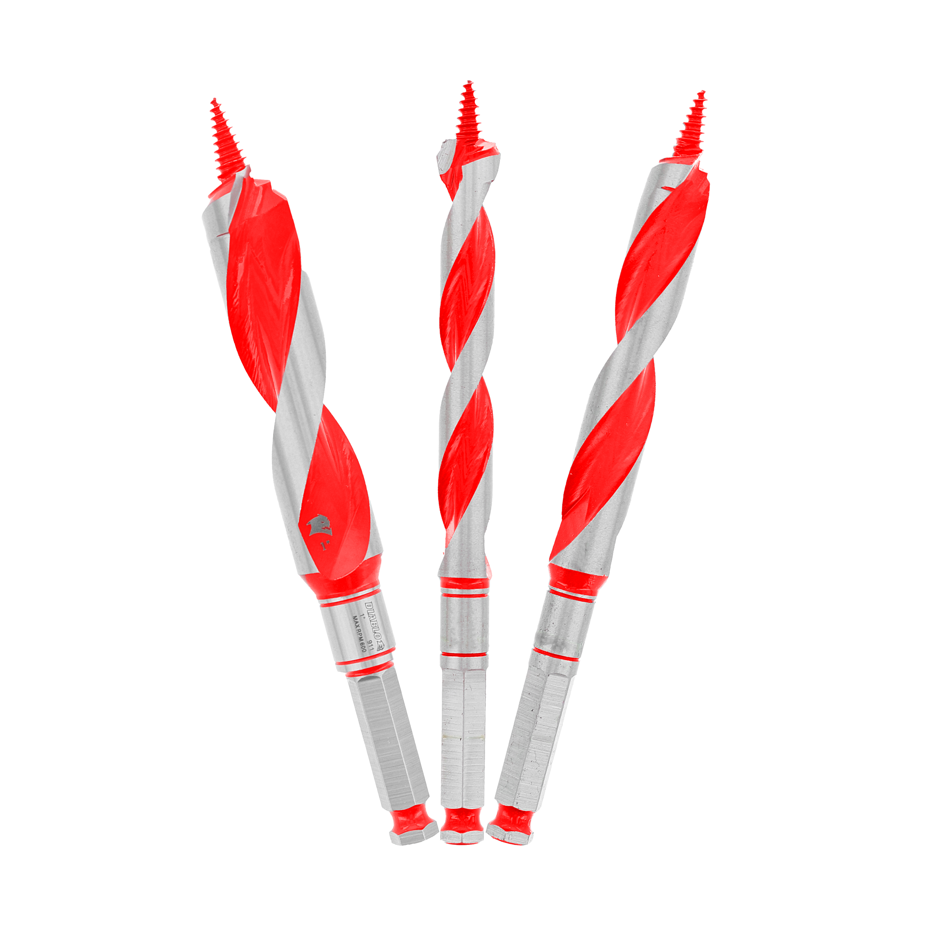 Three red and gray auger bits with spiral flutes and pointed tips arranged vertically.