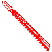 Red Diablo jig saw blade with T-shank connection, carbide teeth, and text labels for specifications on white background.
