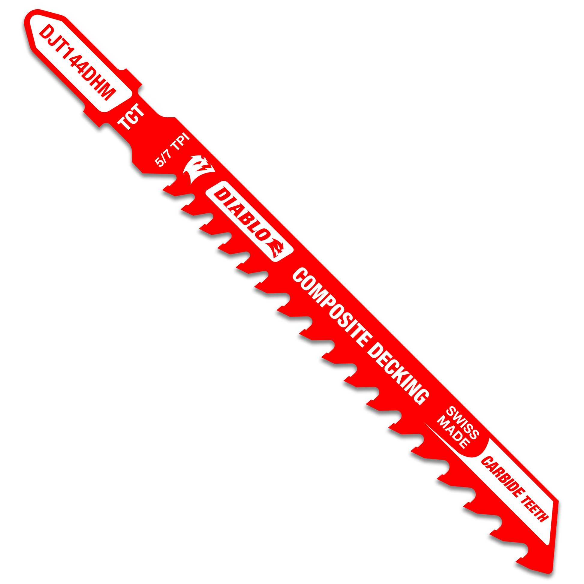 Red Diablo jig saw blade with T-shank connection, carbide teeth, and text labels for specifications on white background.