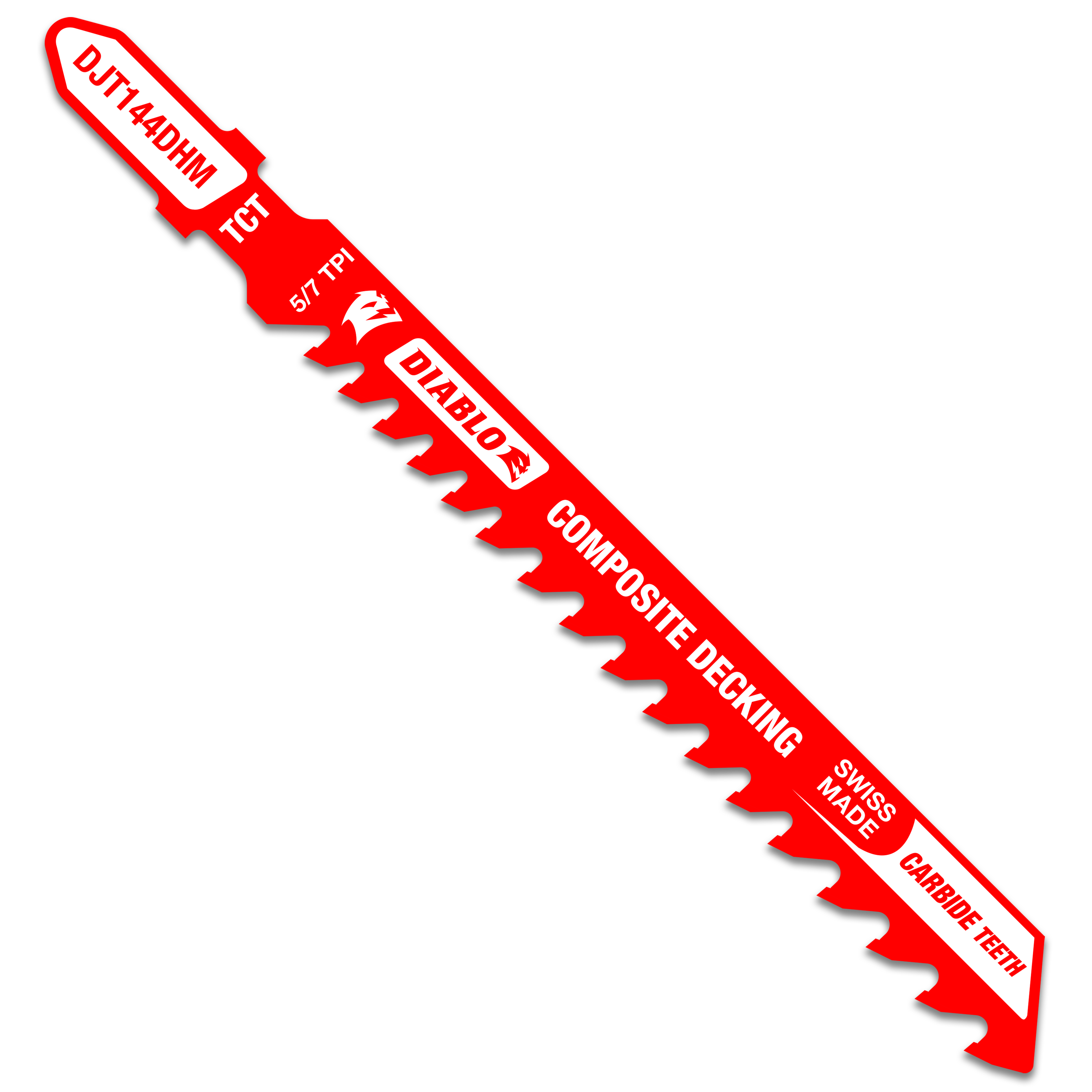 Red Diablo jig saw blade with T-shank connection, carbide teeth, and text labels for specifications on white background.