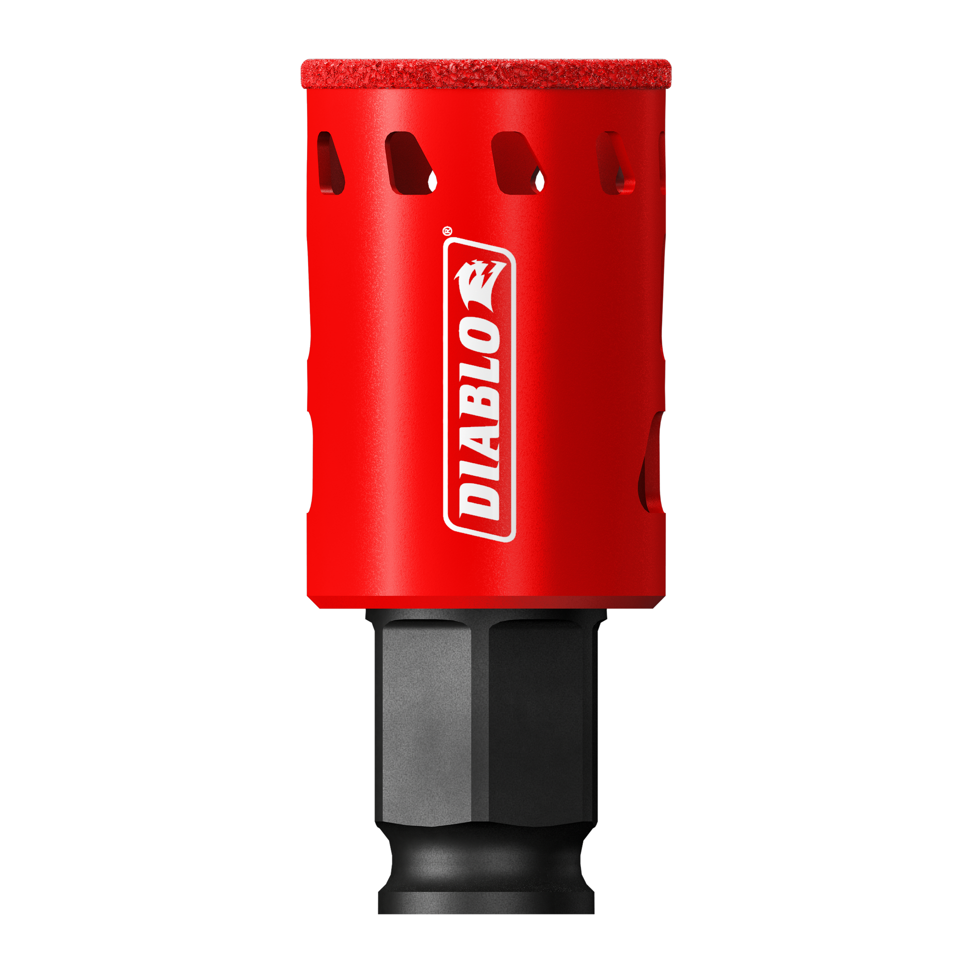 Red diamond grit hole saw with Diablo branding and black hexagonal shank attachment.
