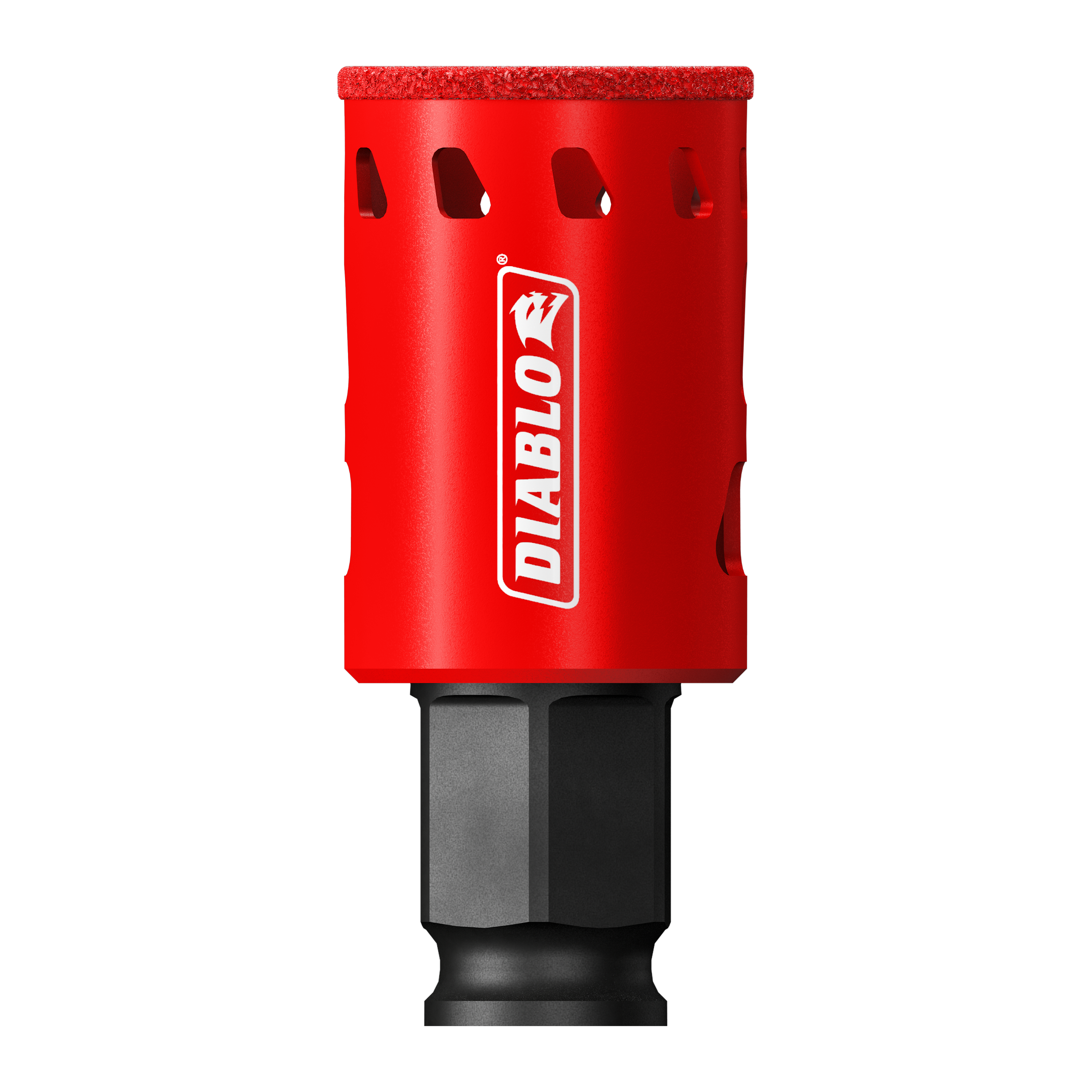 Red diamond grit hole saw with Diablo branding and black hexagonal shank attachment.