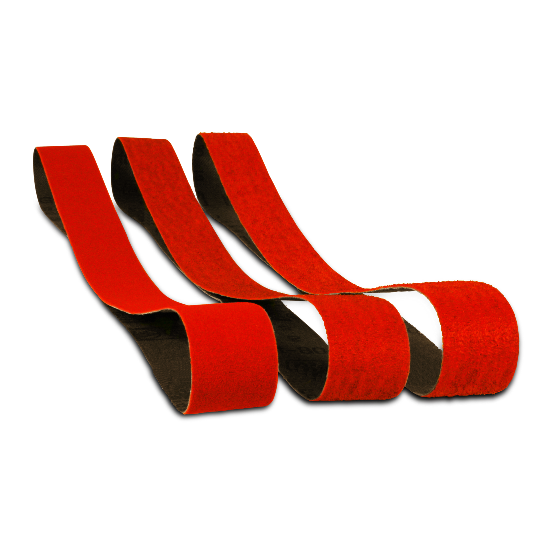 Three red sanding belts with black backing, one inch by thirty inches, arranged in a group.