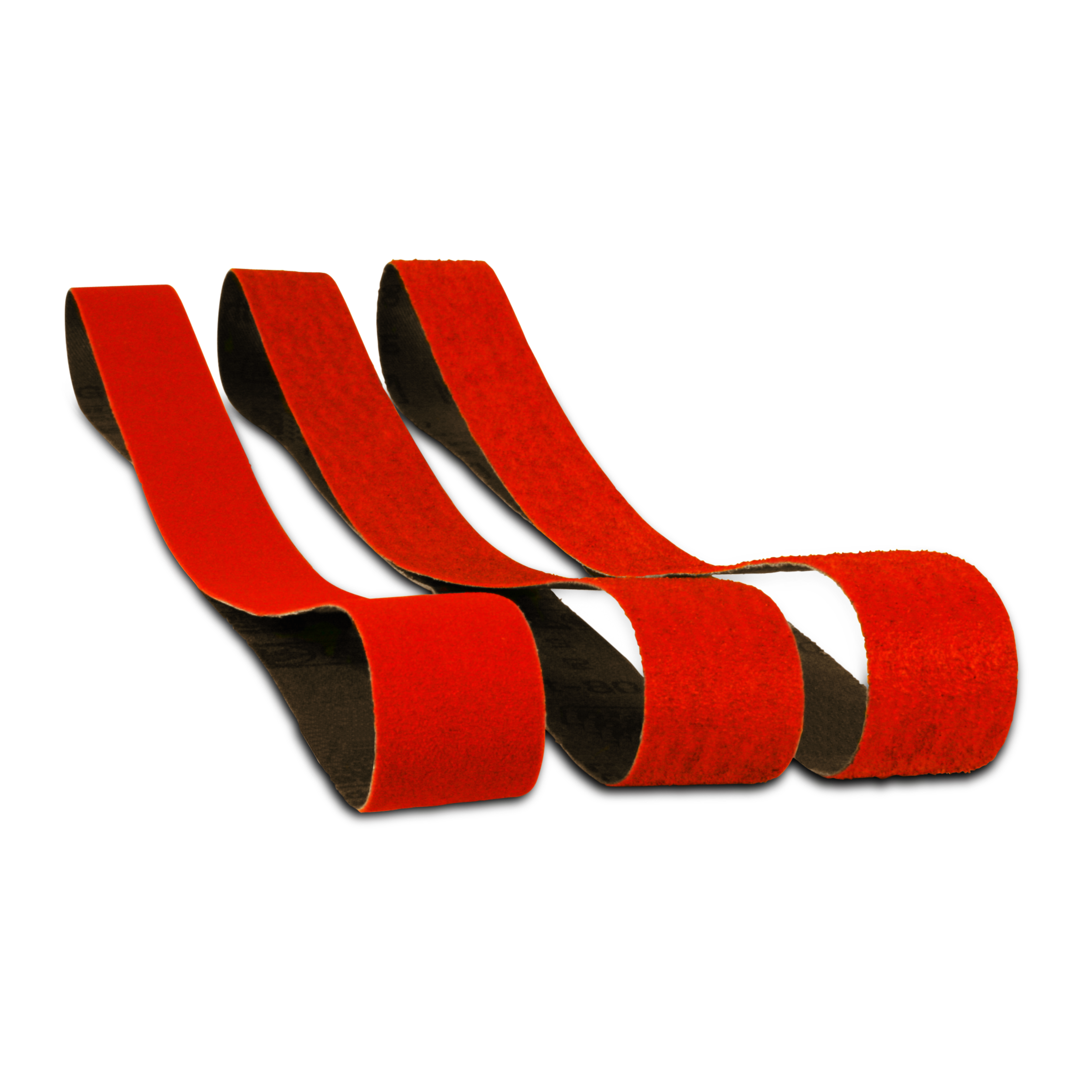 Three red sanding belts with black backing, one inch by thirty inches, arranged in a group.