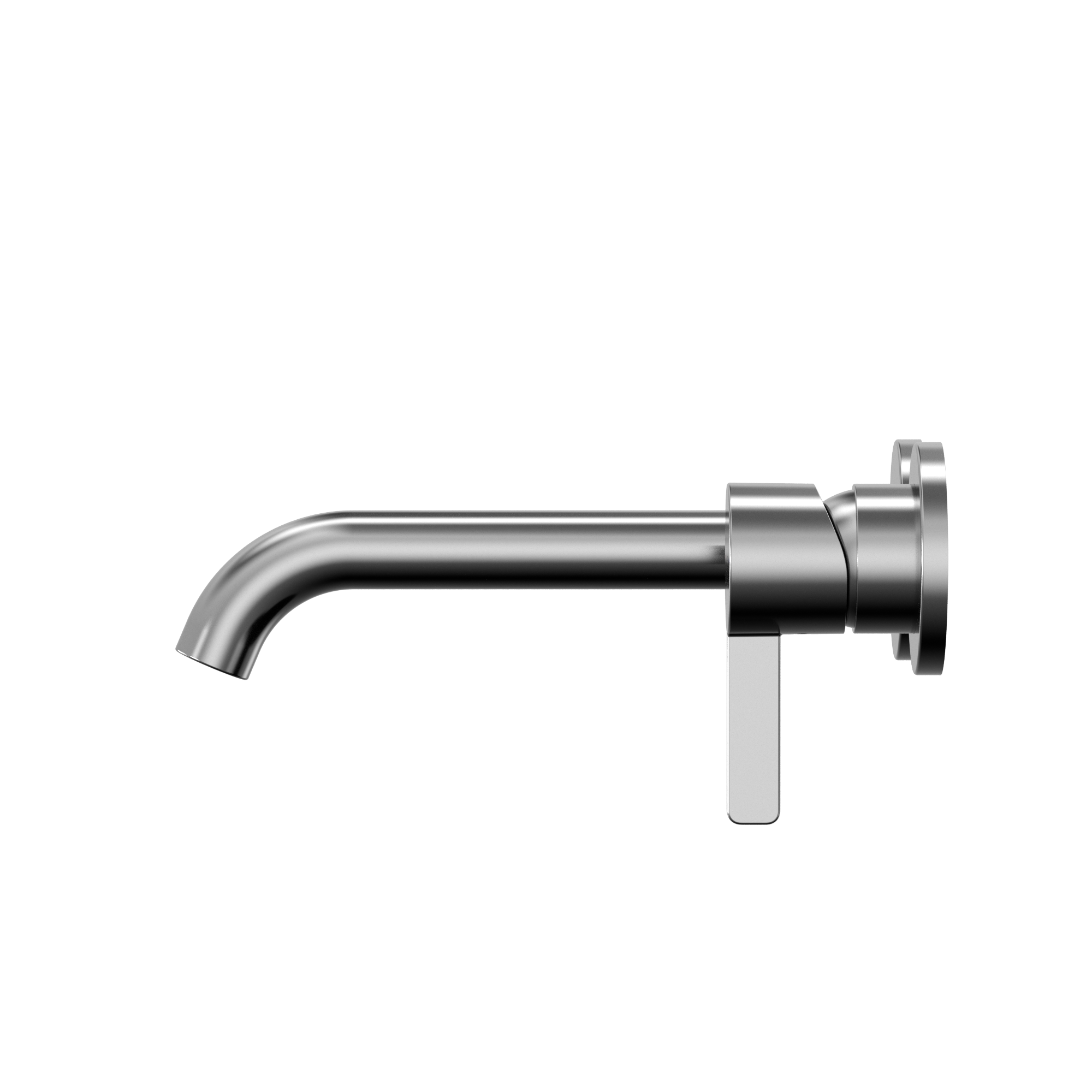 Polished chrome wall-mount bathroom faucet with single lever handle and curved spout.